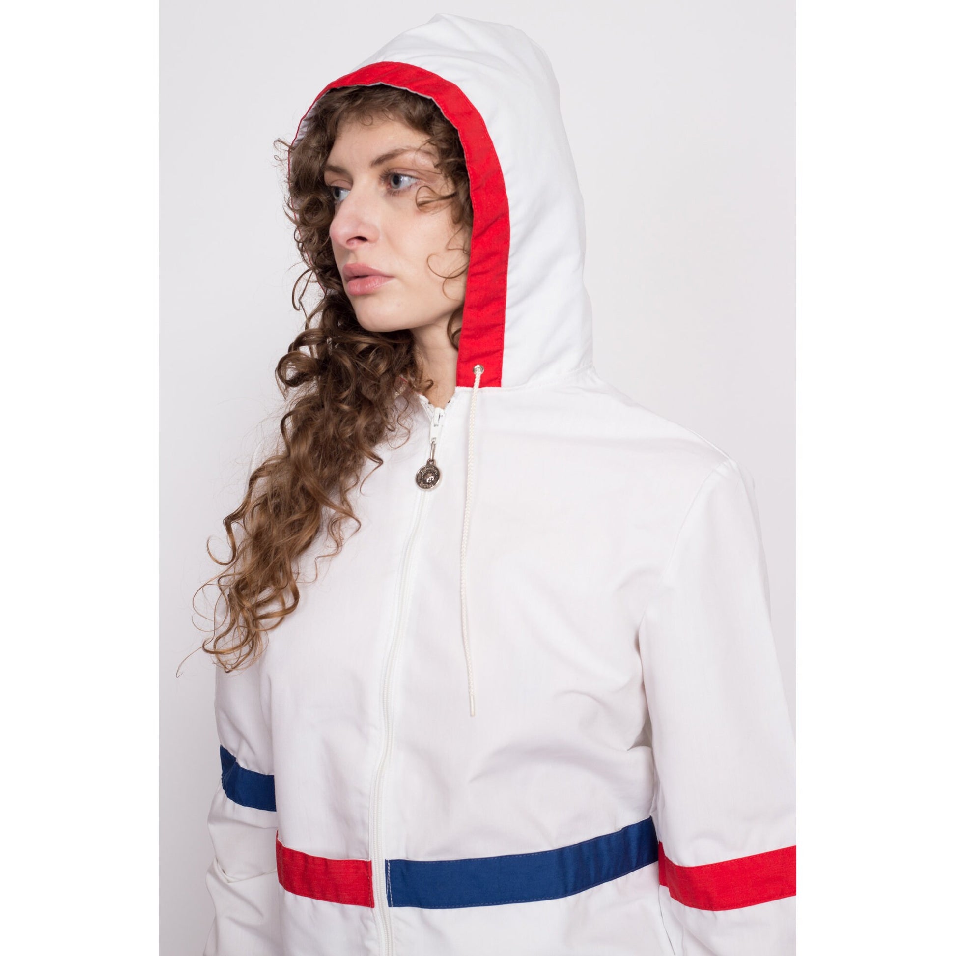 70s Mod Red White & Blue Striped Windbreaker - Petite Medium | Weather Tamer Lightweight Hooded Color Block Jacket