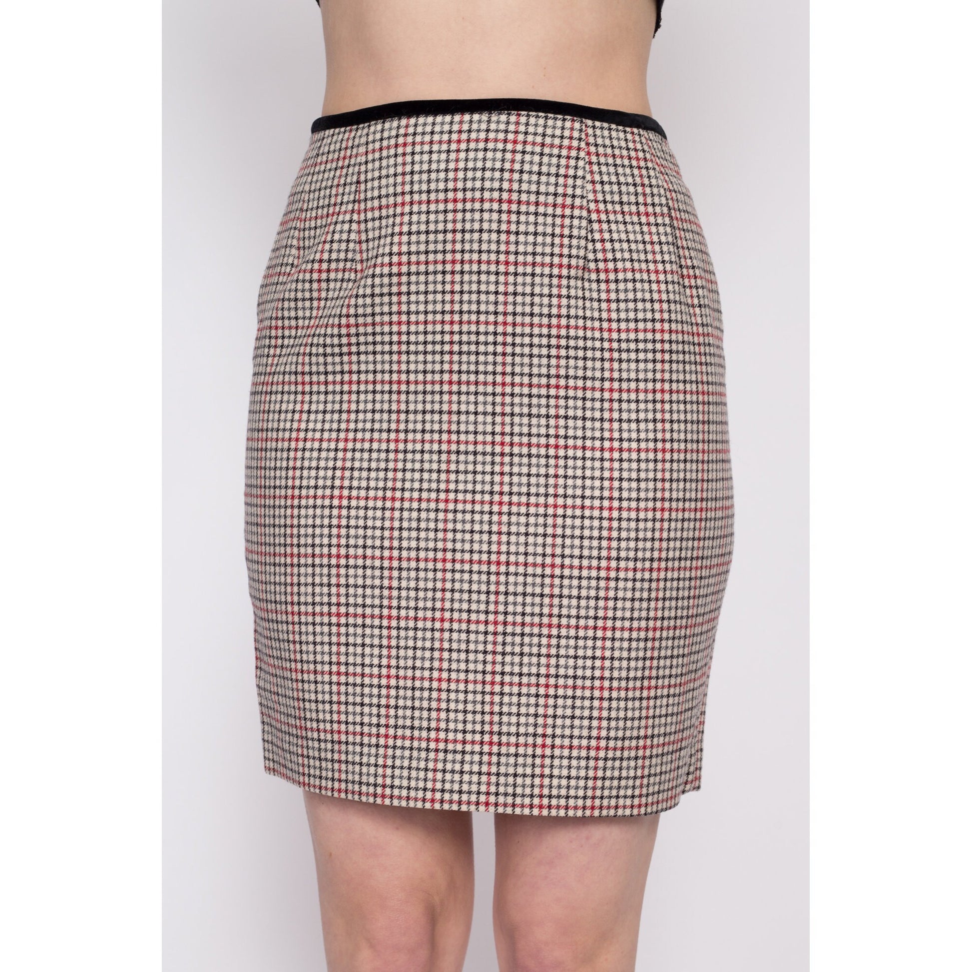 90s Plaid Wool Mini Pencil Skirt - Small, 27" | Vintage Velvet Trim Fitted High Waisted Preppy Schoolgirl Miniskirt