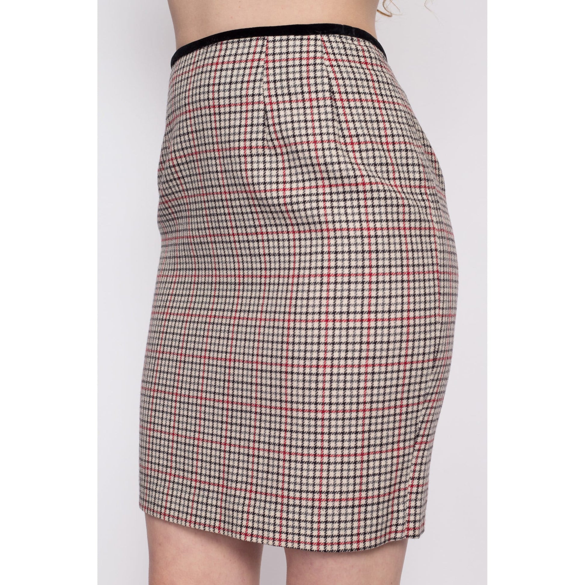 90s Plaid Wool Mini Pencil Skirt - Small, 27" | Vintage Velvet Trim Fitted High Waisted Preppy Schoolgirl Miniskirt