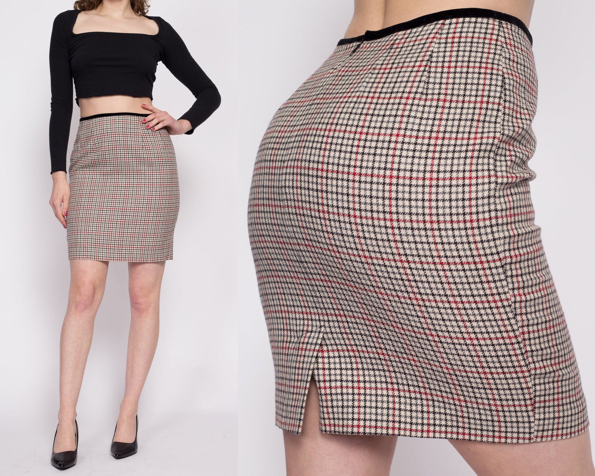 90s Plaid Wool Mini Pencil Skirt - Small, 27" | Vintage Velvet Trim Fitted High Waisted Preppy Schoolgirl Miniskirt
