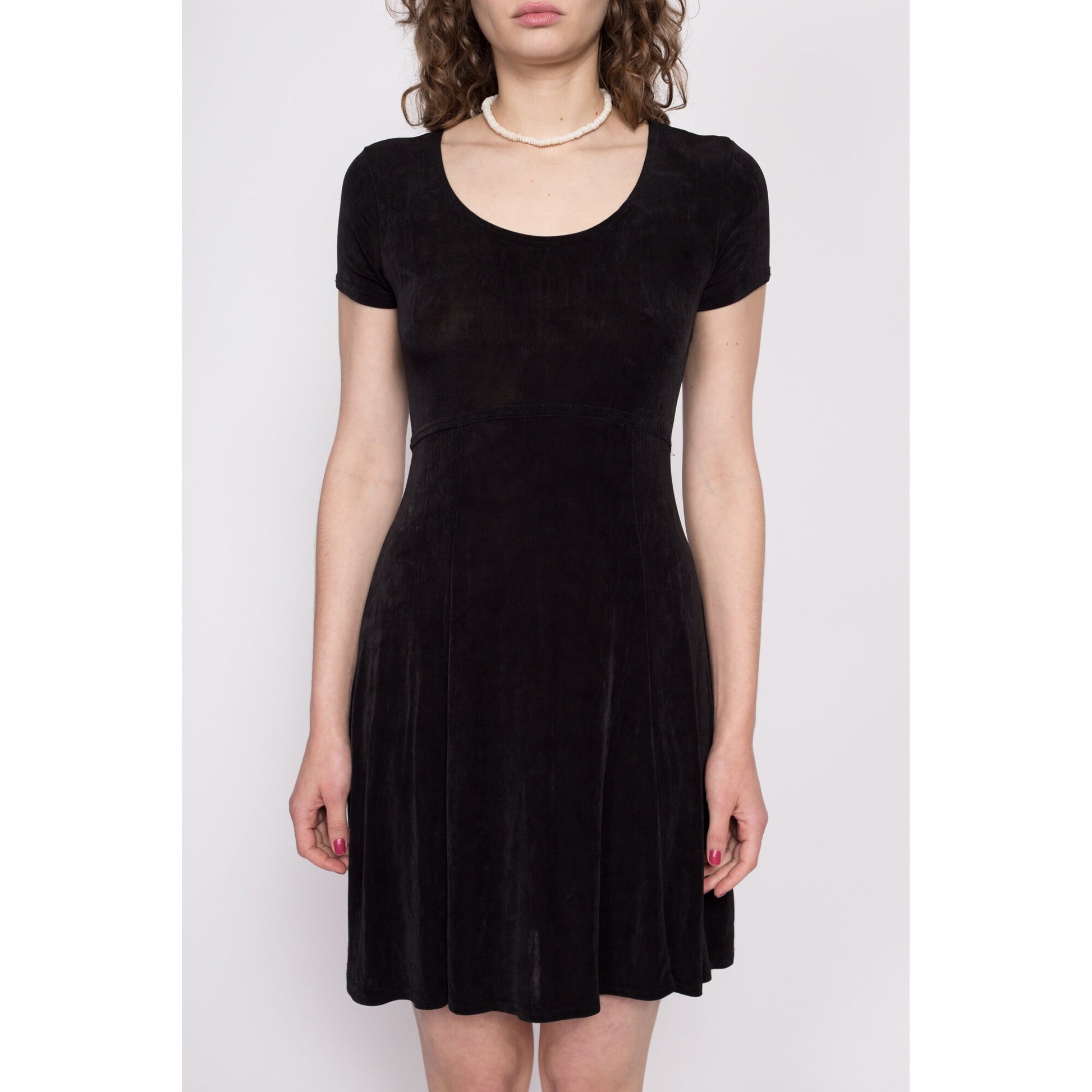 90s Minimalist Black Slinky Mini Dress - Small to Medium | Vintage Short Sleeve Stretchy Scoop Neck Grunge Dress