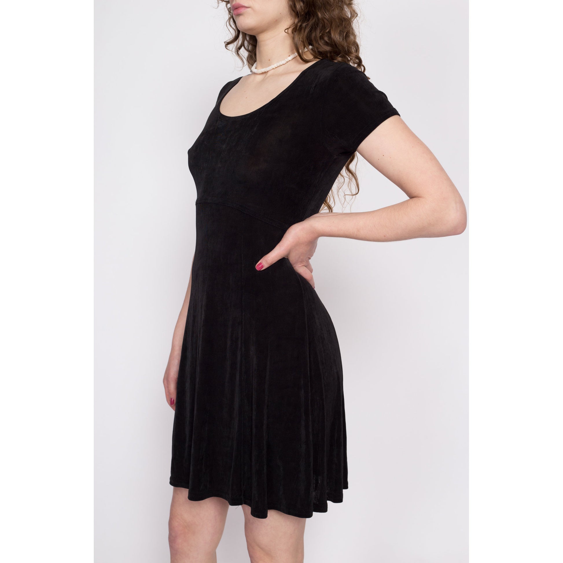 90s Minimalist Black Slinky Mini Dress - Small to Medium | Vintage Short Sleeve Stretchy Scoop Neck Grunge Dress