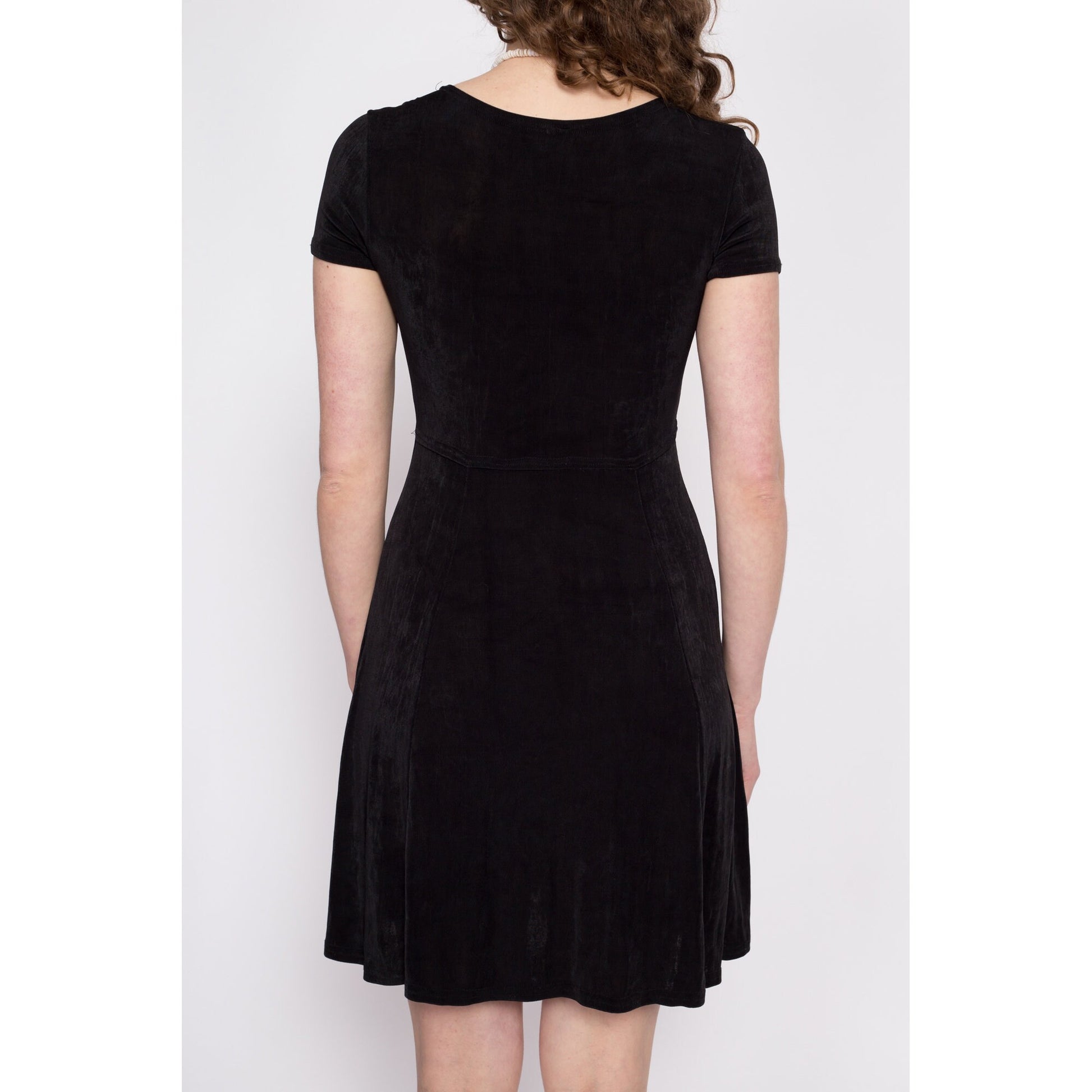 90s Minimalist Black Slinky Mini Dress - Small to Medium | Vintage Short Sleeve Stretchy Scoop Neck Grunge Dress