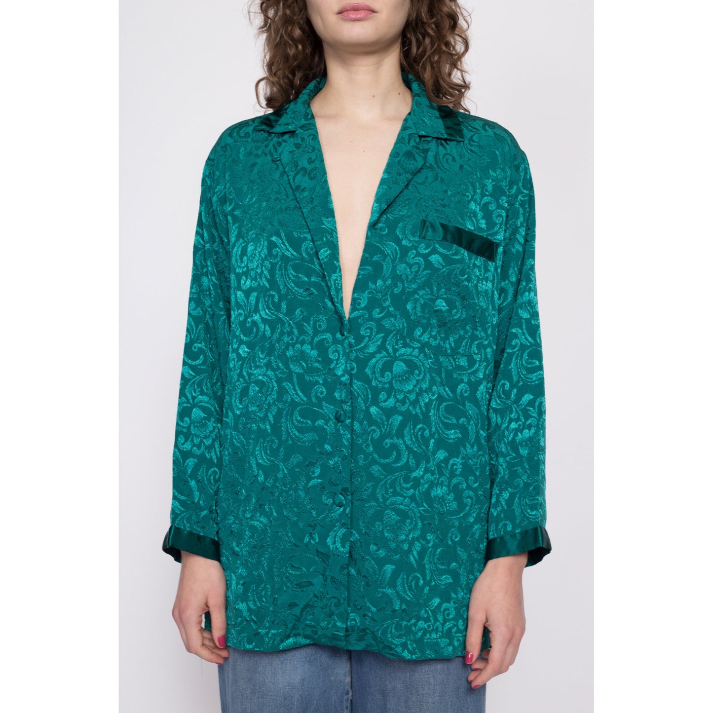 80s Victoria's Secret Jade Green Gold Crown Label Lounge Top - Small | Vintage Jacquard Satin Long Sleeve Pajama Shirt