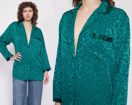 80s Victoria's Secret Jade Green Gold Crown Label Lounge Top - Small | Vintage Jacquard Satin Long Sleeve Pajama Shirt