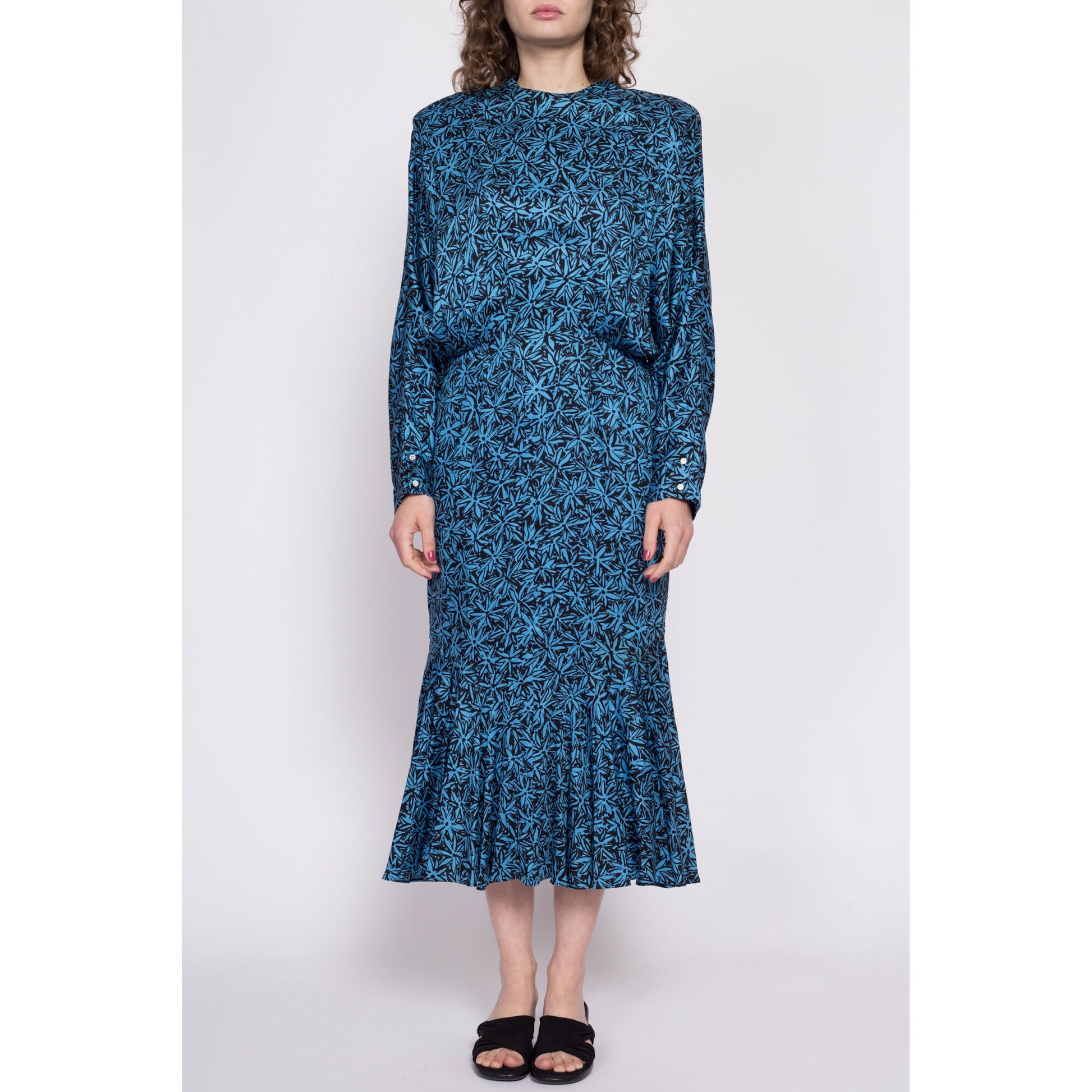80s Nicole Miller Blue Floral Batwing Sleeve Dress - Medium | Vintage Designer Long Sleeve Midi Secretary Dress