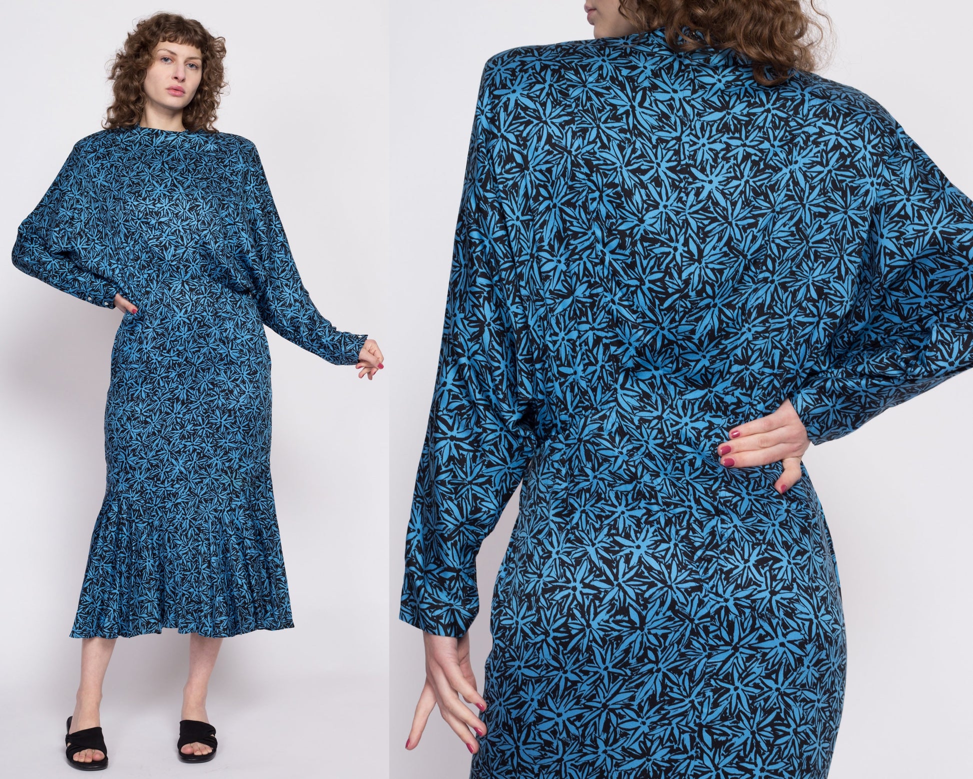 80s Nicole Miller Blue Floral Batwing Sleeve Dress - Medium | Vintage Designer Long Sleeve Midi Secretary Dress