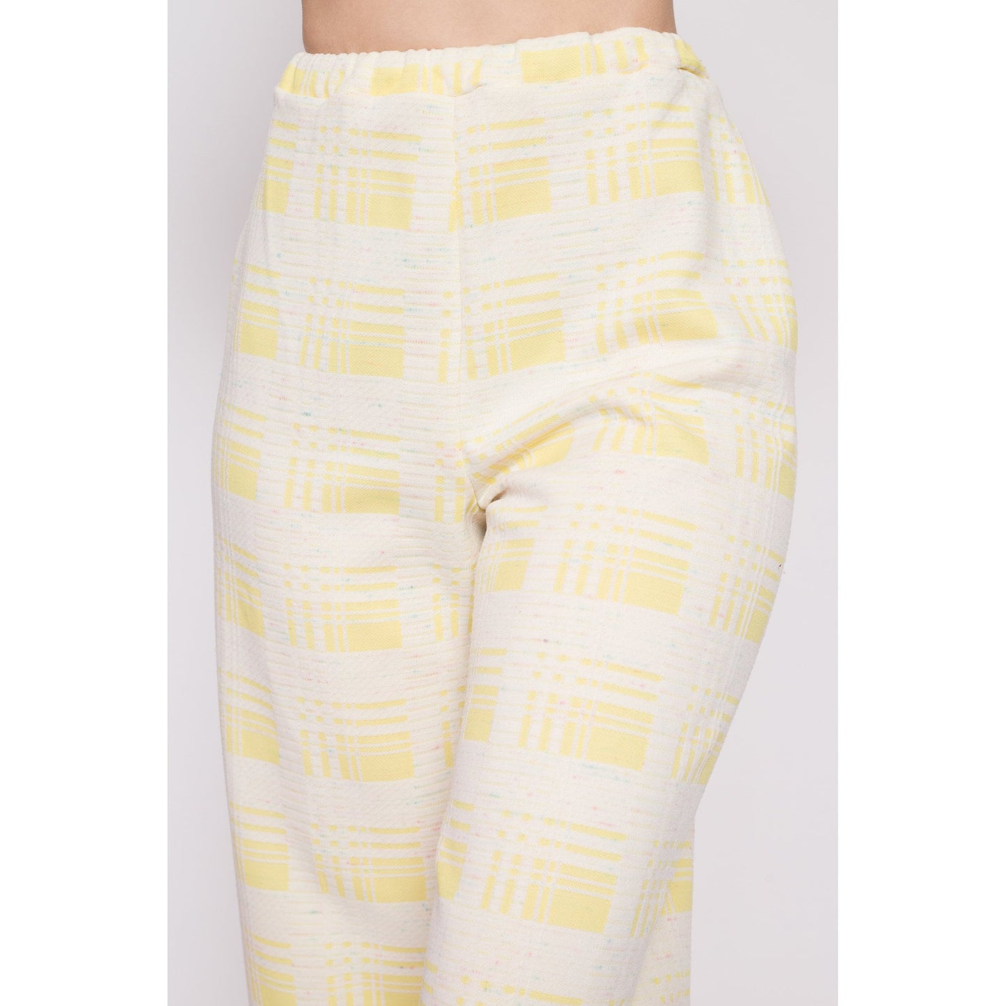 70s Yellow Plaid High Waisted Pants - Medium | Vintage Elastic Waist Polyester Casual Disco Trousers