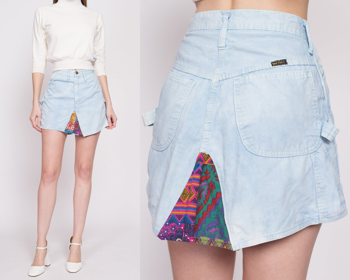 70s Dee Cee Reworked Tie Dye Mini Skirt - Extra Small, 24.5" | Vintage Indigo Tye Dye Patchwork Chambray Miniskirt