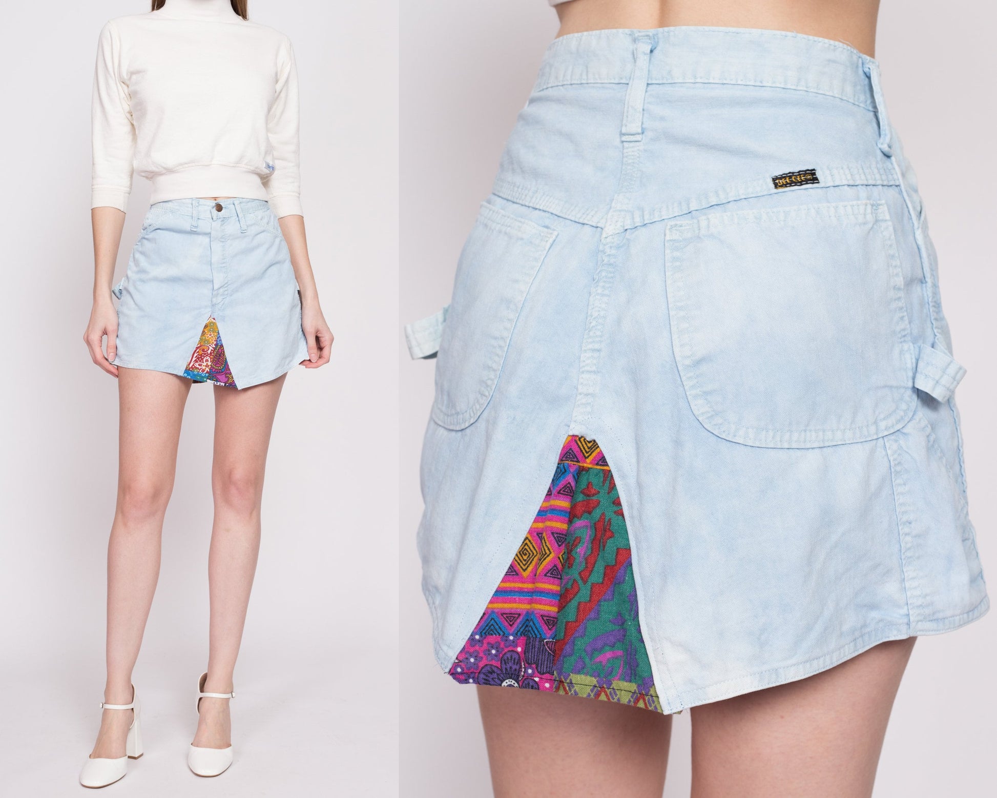 70s Dee Cee Reworked Tie Dye Mini Skirt - Extra Small, 24.5" | Vintage Indigo Tye Dye Patchwork Chambray Miniskirt