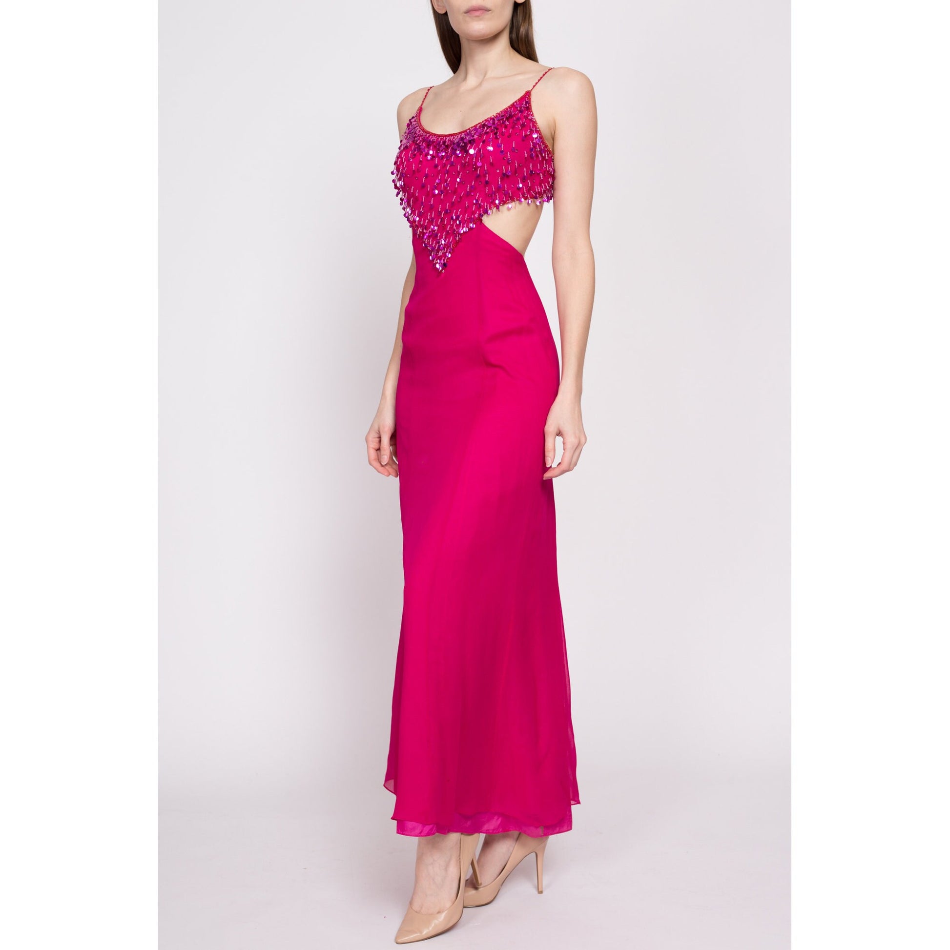 90s Hot Pink Silk Sequin Showgirl Evening Gown, As Is - Extra Small | Vintage Backless Cutout Sleeveless Formal Maxi Dress