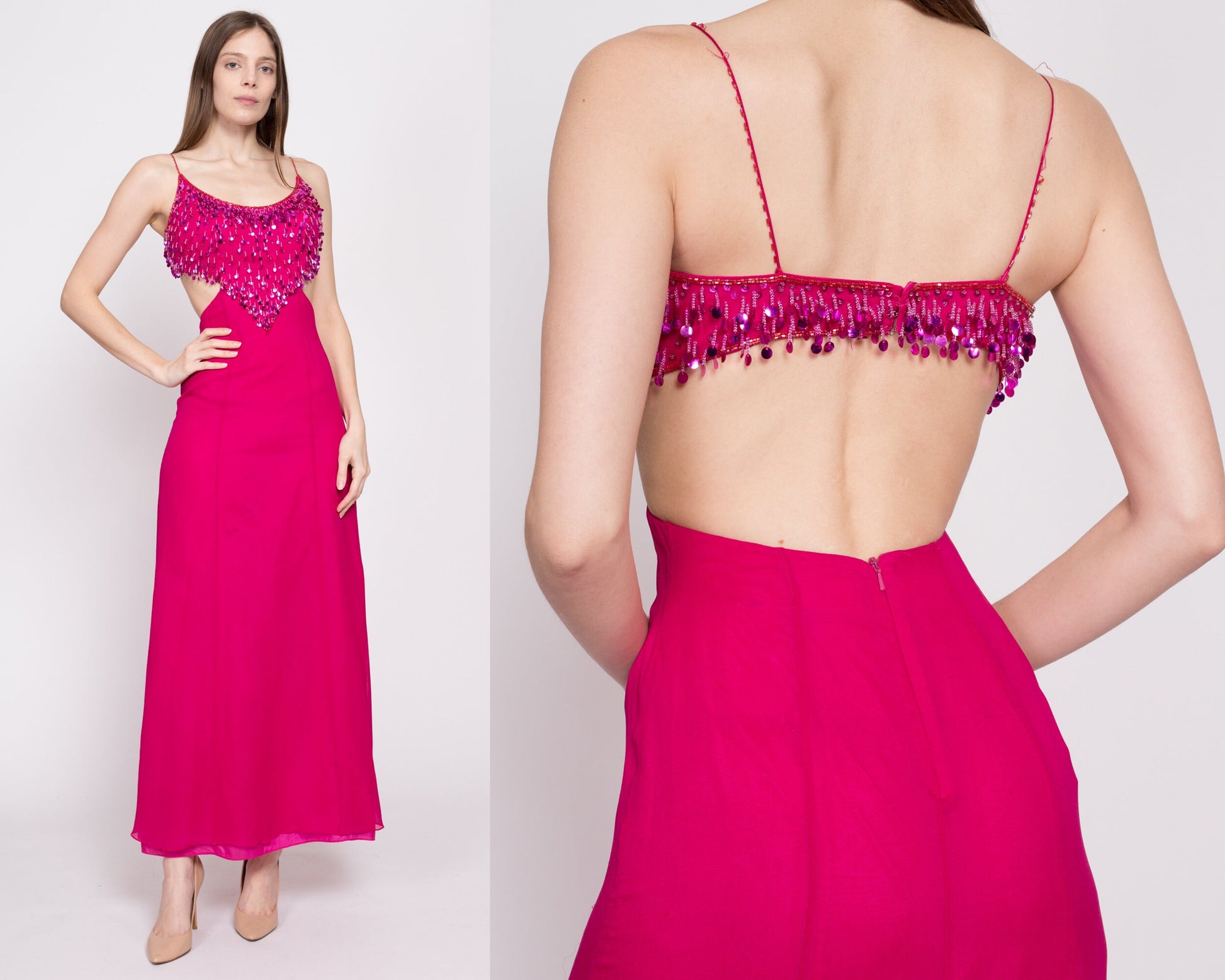 90s Hot Pink Silk Sequin Showgirl Evening Gown, As Is - Extra Small 90s Hot Pink Silk Sequin Showgirl Evening Gown, As Is - Extra Small