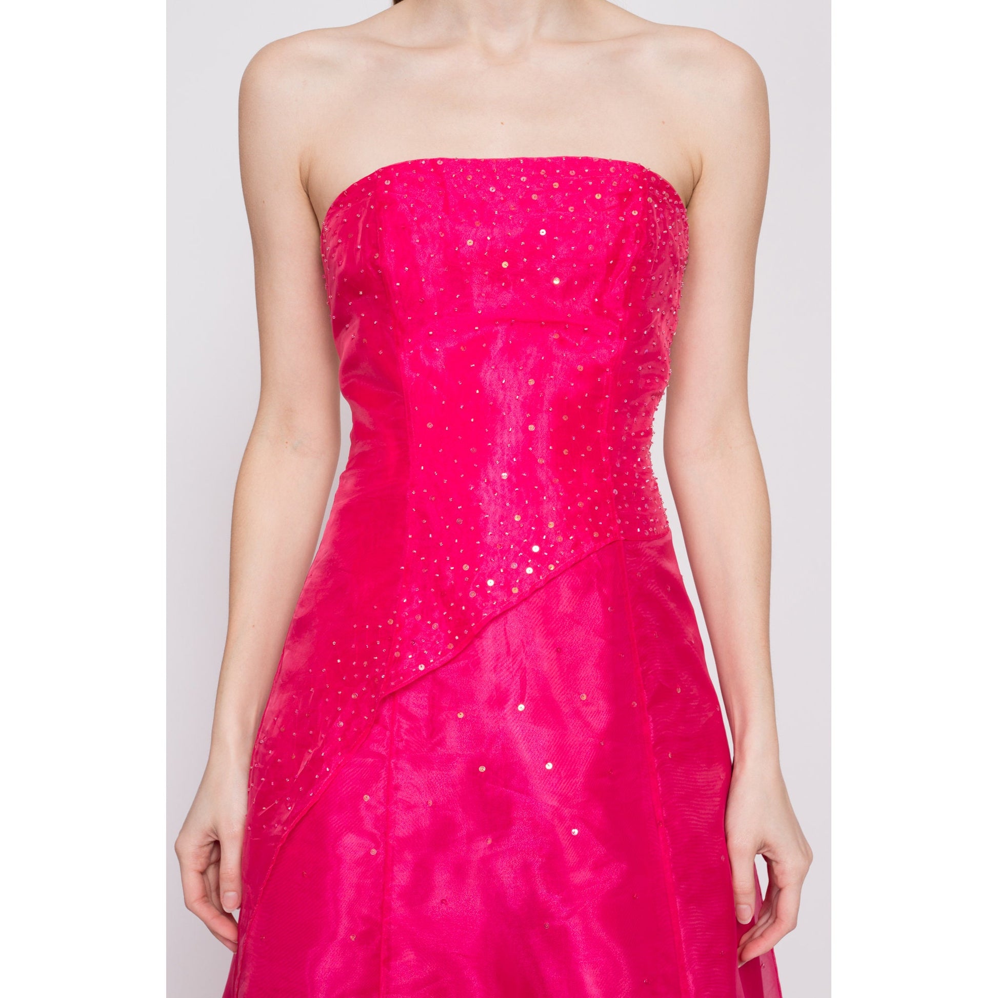 90s Hot Pink Backless Gown - Small | Vintage Sleeveless Strappy Low Back Sequin Formal Maxi Prom Dress