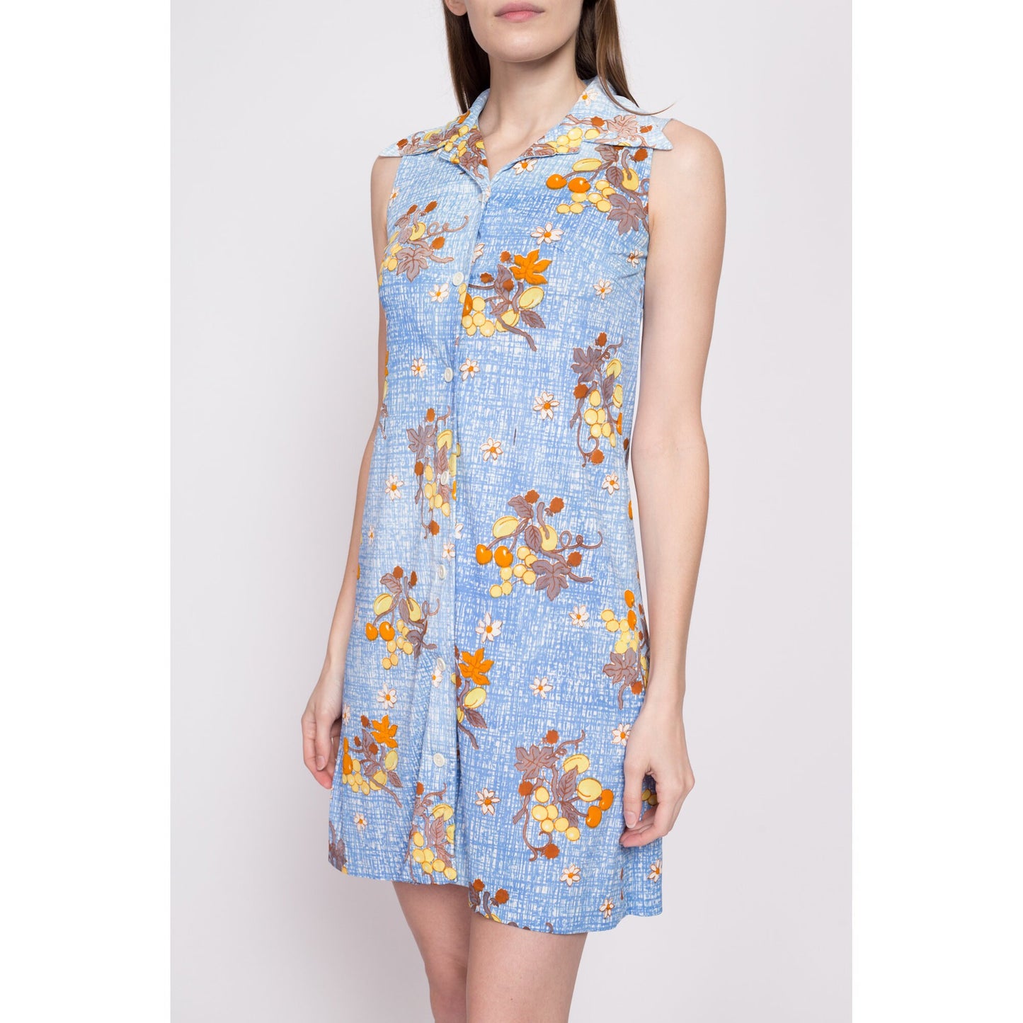 60s 70s Blue Floral & Fruit Print Mini Dress - Petite XS | Vintage Sleeveless Button Front Boho Sundress