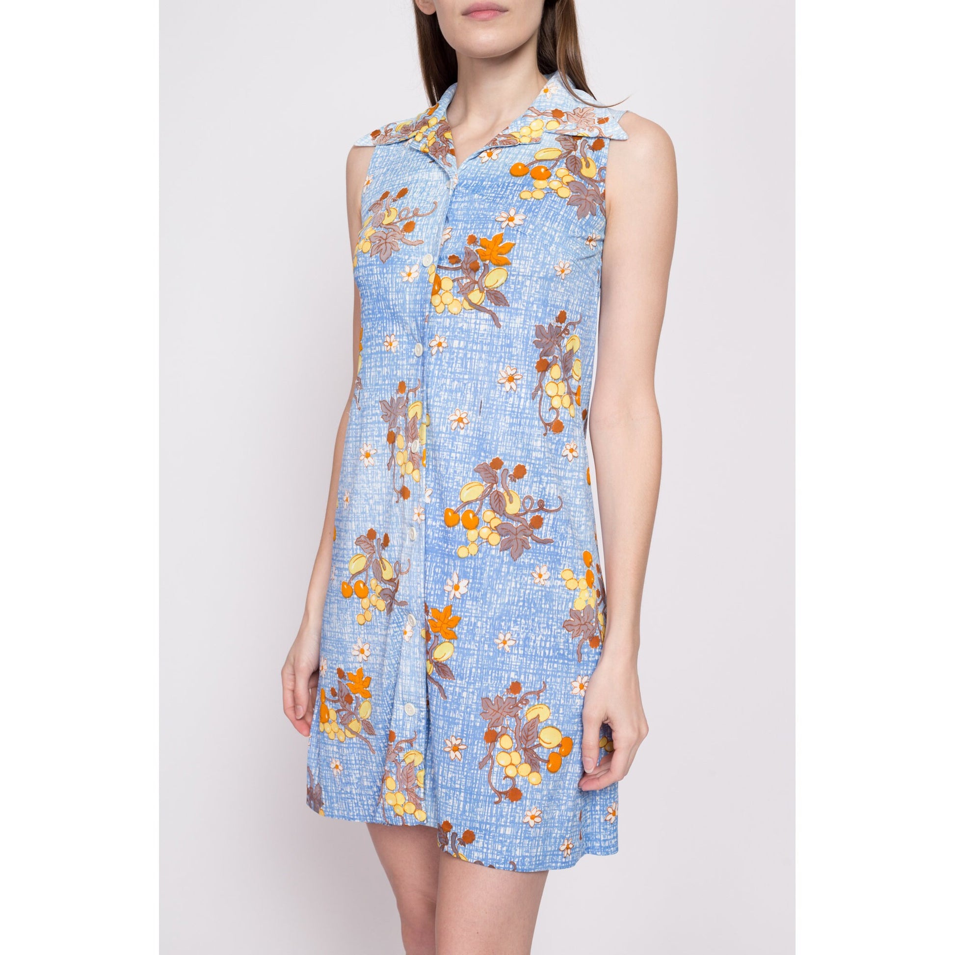 60s 70s Blue Floral & Fruit Print Mini Dress - Petite XS | Vintage Sleeveless Button Front Boho Sundress