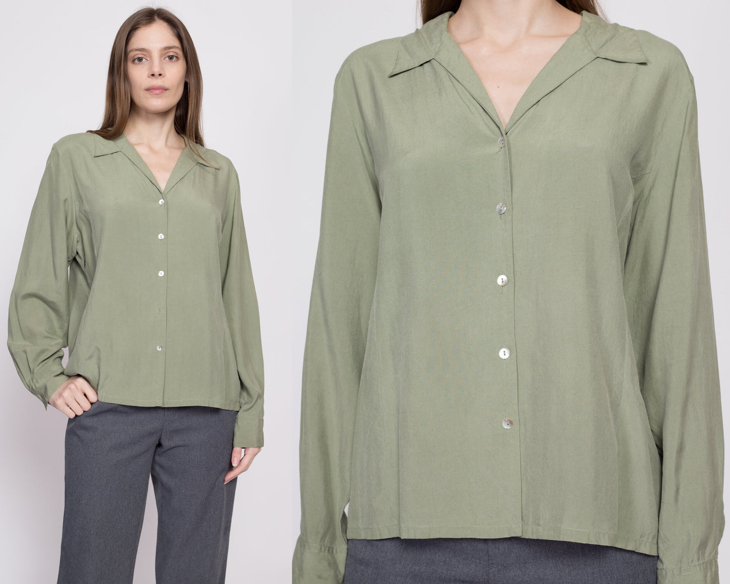 90s Sage Green Silk Blouse - Extra Large | Vintage Minimalist Long Sleeve Button Up Collared Shirt