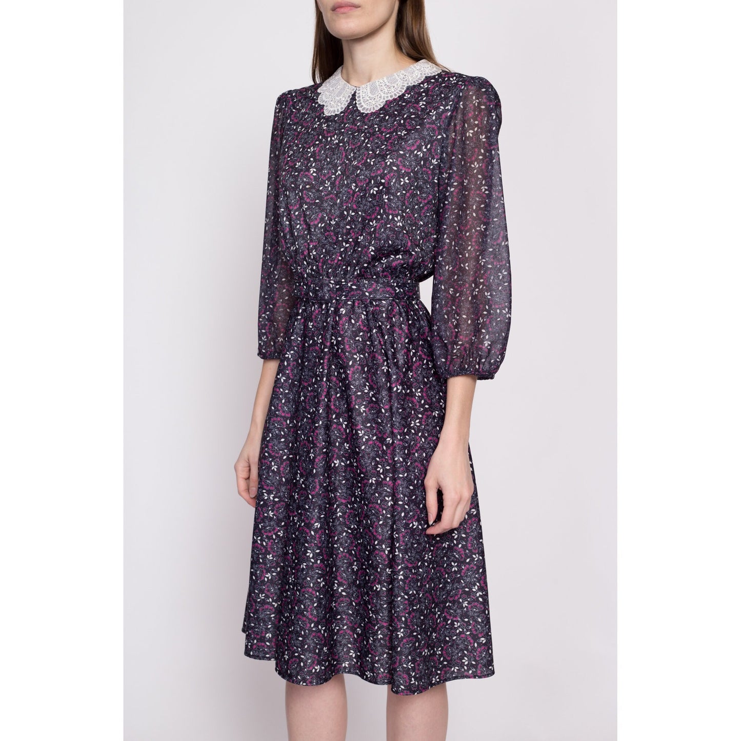 70s Floral Belted Midi Dress - Small to Medium | Vintage 3/4 Sleeve Lace Collar Secretary Dress