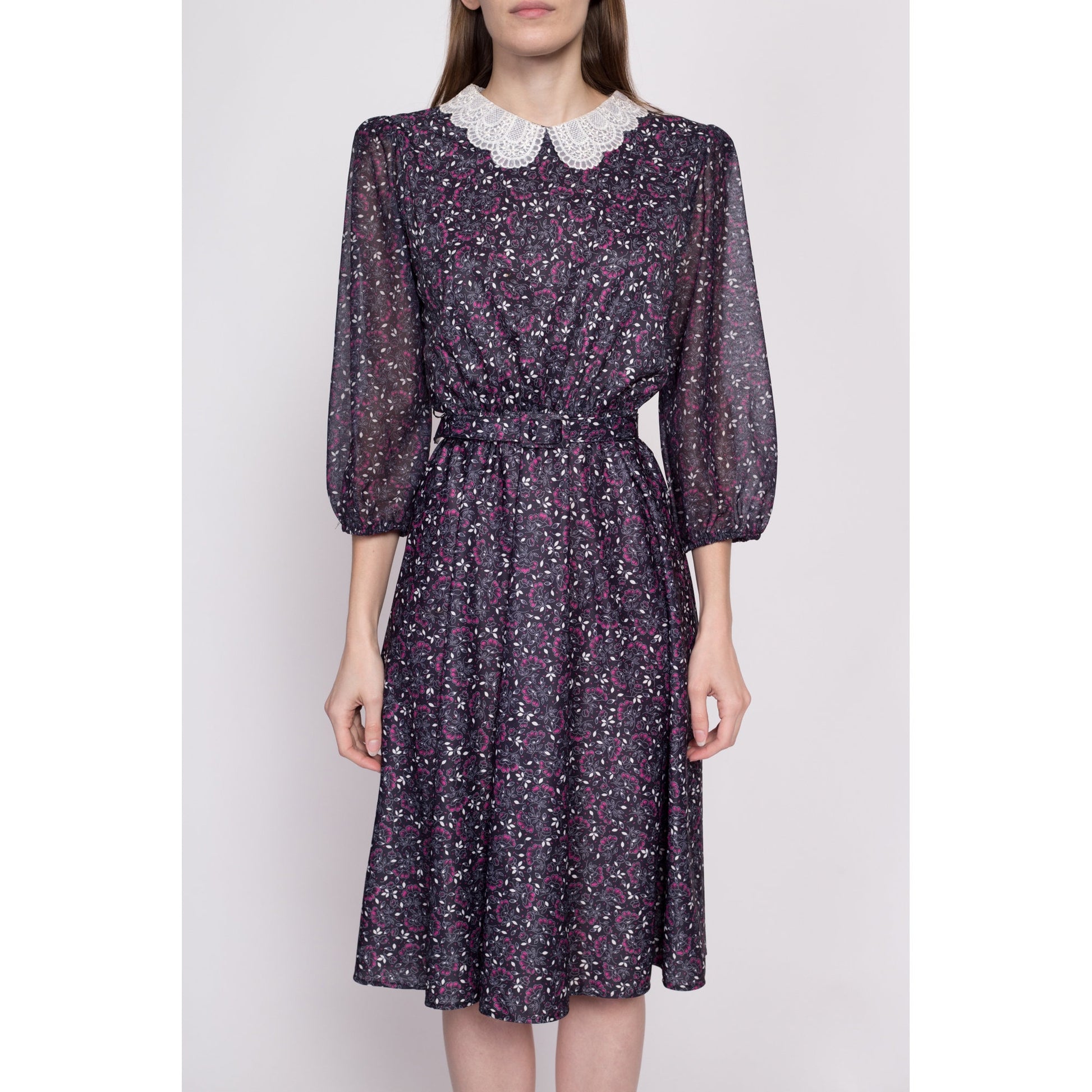 70s Floral Belted Midi Dress - Small to Medium | Vintage 3/4 Sleeve Lace Collar Secretary Dress