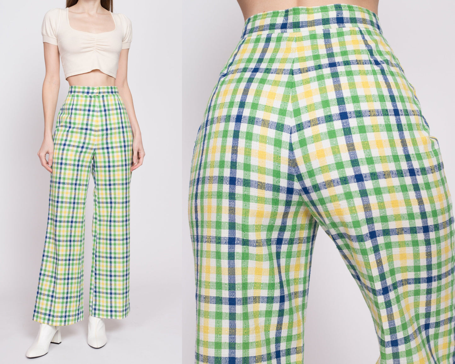 70s Green & Yellow Plaid High Waisted Pants - Small to Medium, 27" | Vintage Flared Leg Retro Trousers