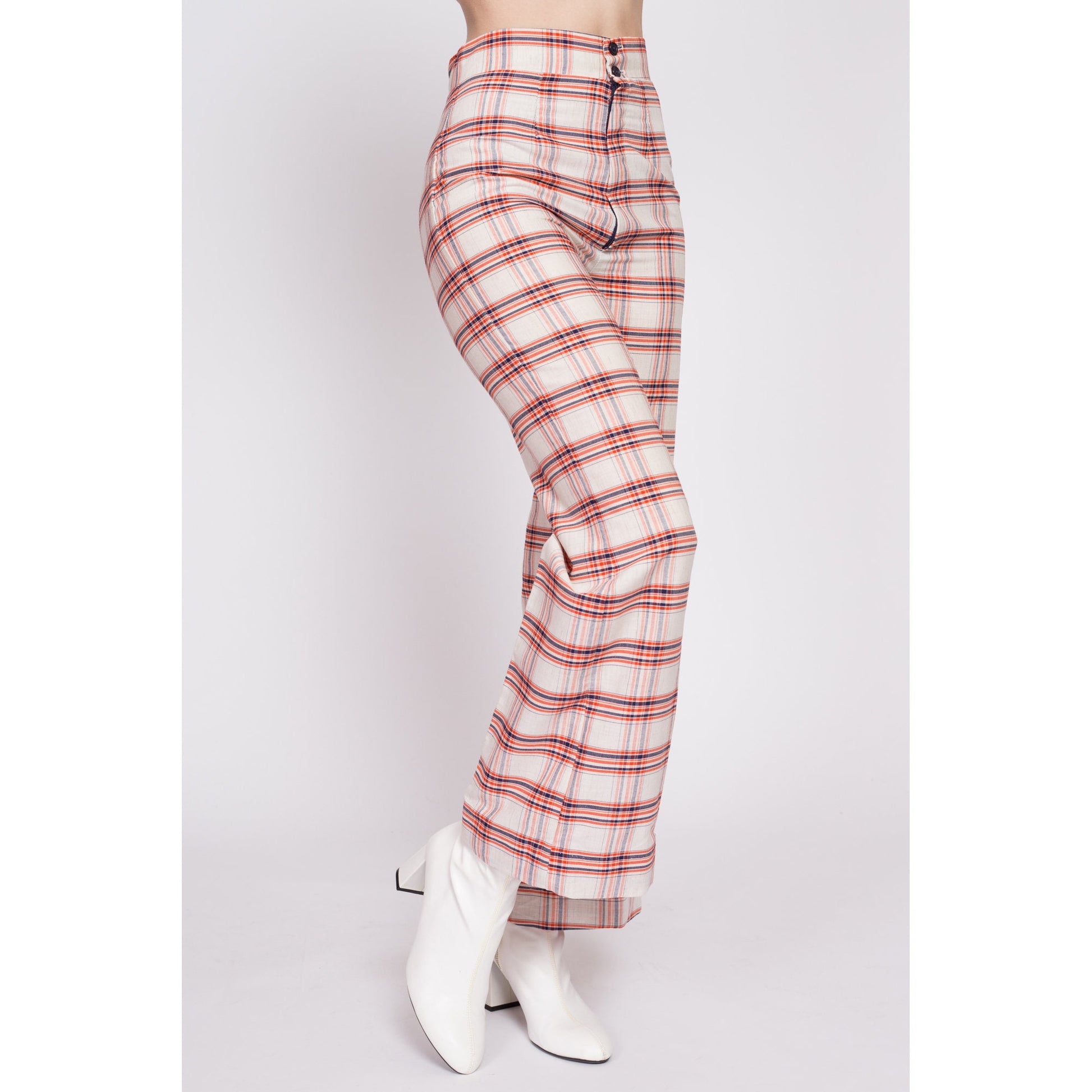 70s Orange & White Plaid High Waisted Pants - Small, 26.5" | Vintage Flared Retro Trousers