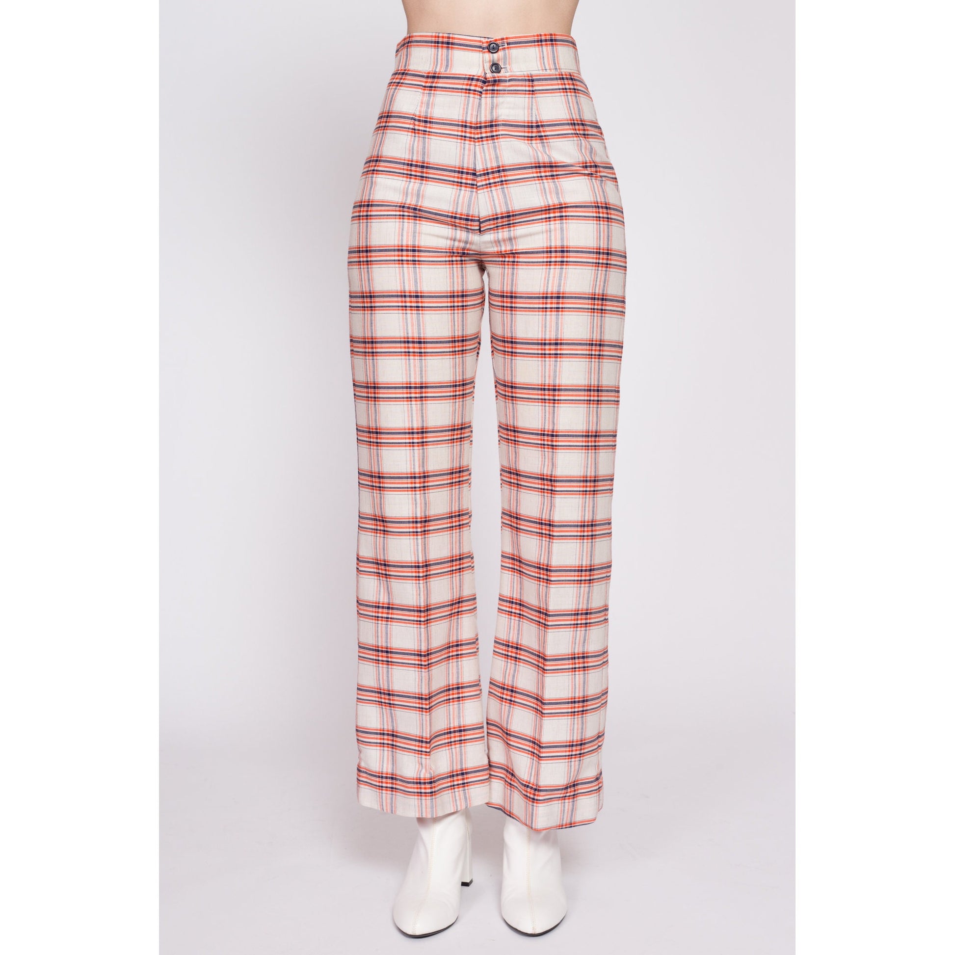 70s Orange & White Plaid High Waisted Pants - Small, 26.5" | Vintage Flared Retro Trousers