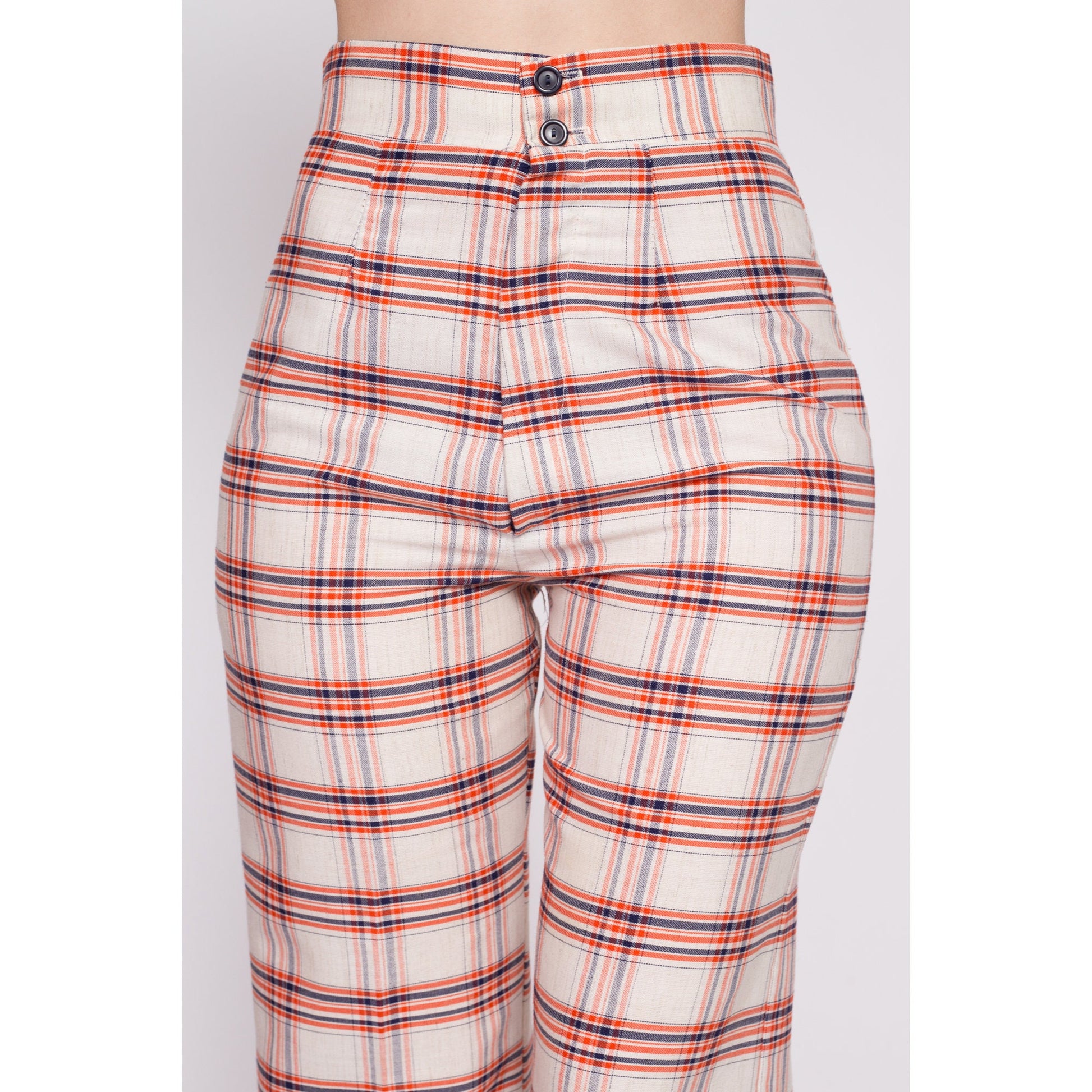 70s Orange & White Plaid High Waisted Pants - Small, 26.5" | Vintage Flared Retro Trousers