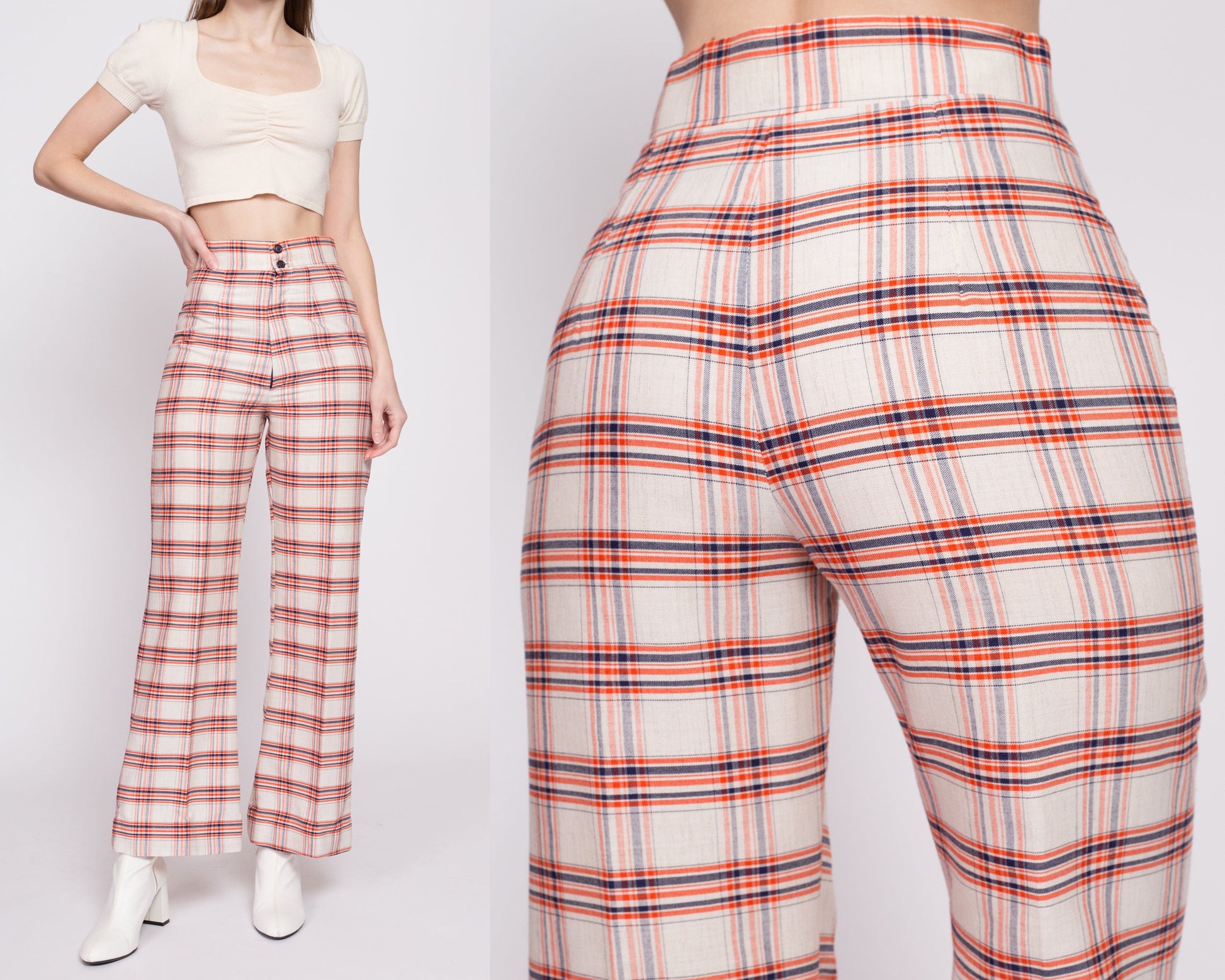 70s Orange & White Plaid High Waisted Pants - Small, 26.5" | Vintage Flared Retro Trousers