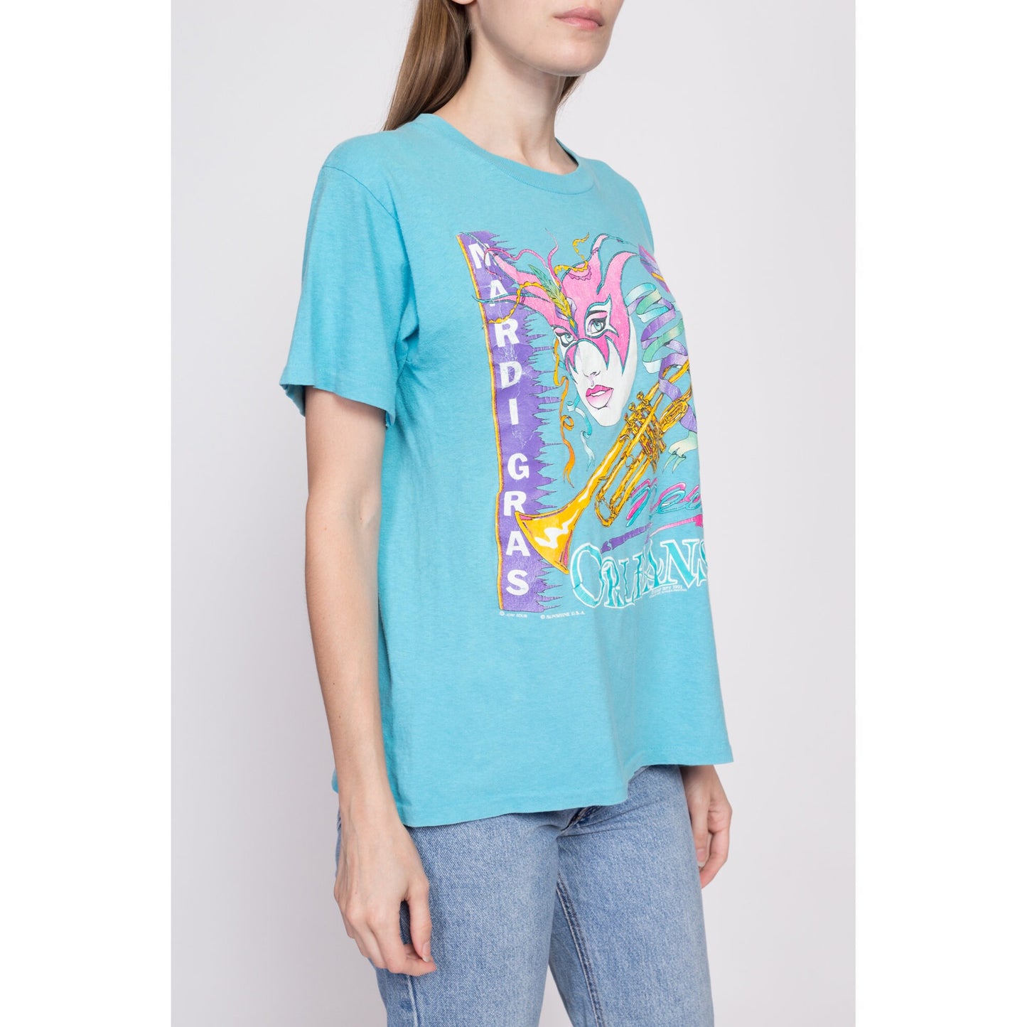 90s New Orleans Mardi Gras Mask T Shirt - Men's Medium, Women's Large | Vintage Masquerade Bugle Horn Blue Graphic Tourist Tee