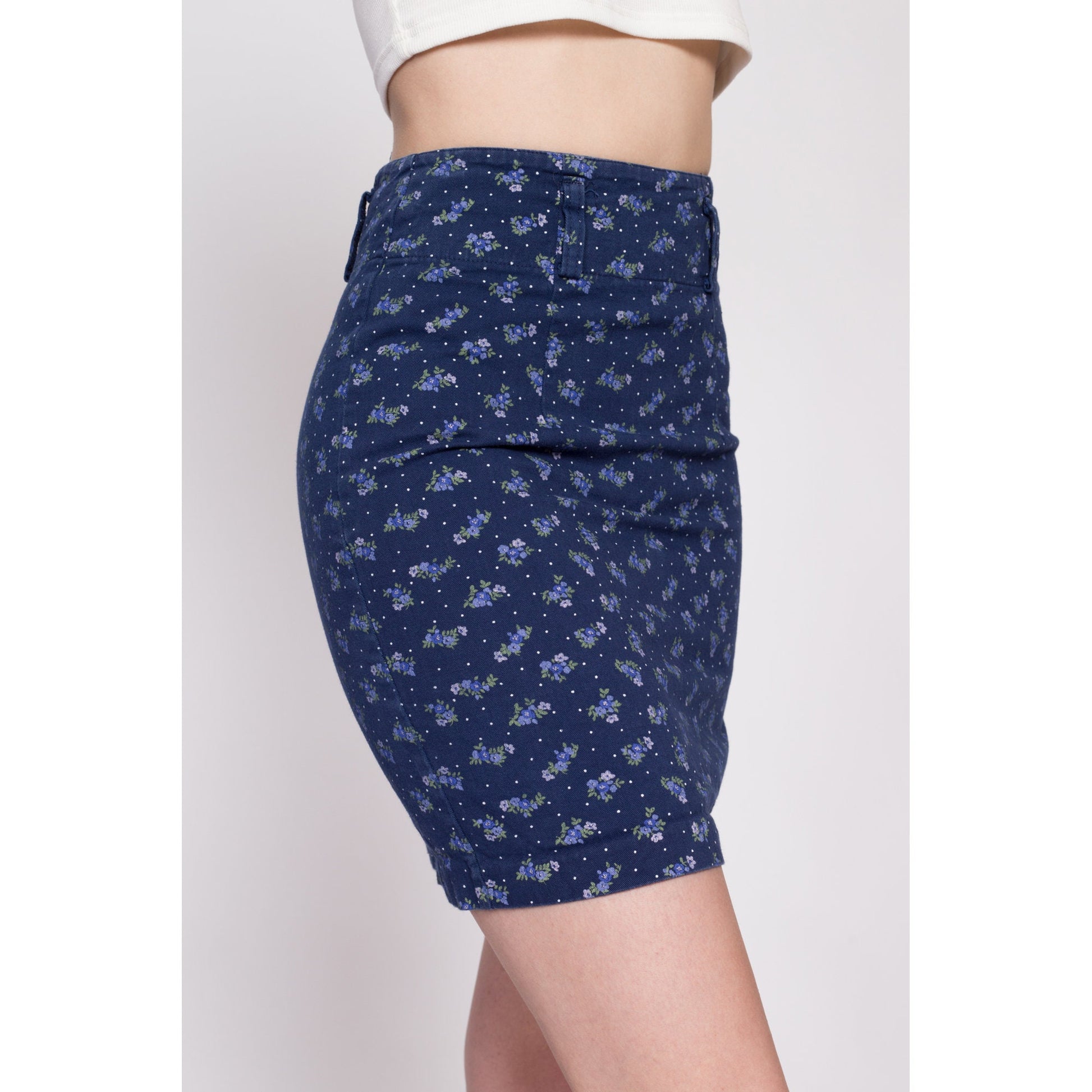 90s Blue Floral Mini Pencil Skirt - Extra Small, 24.5" | Vintage Navy Polka Dot High Waisted Miniskirt