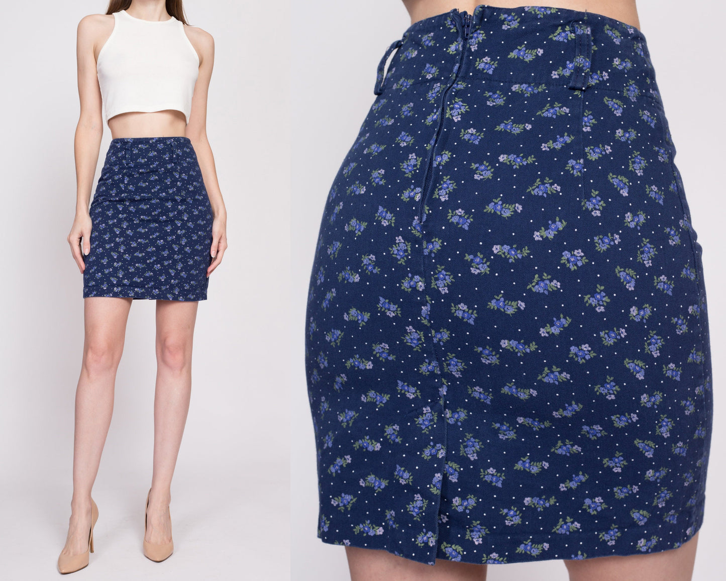 90s Blue Floral Mini Pencil Skirt - Extra Small, 24.5" | Vintage Navy Polka Dot High Waisted Miniskirt