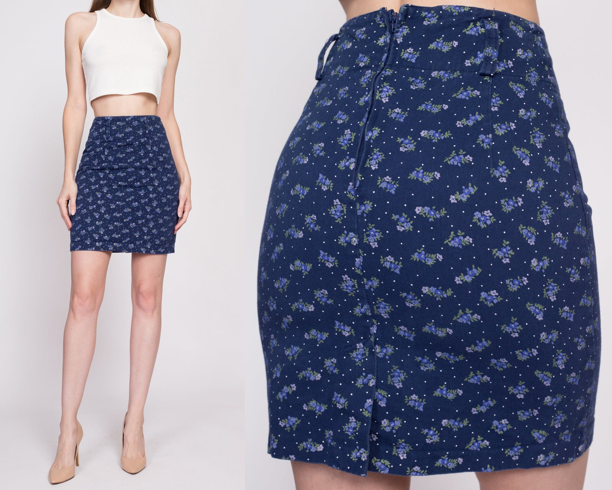 90s Blue Floral Mini Pencil Skirt - Extra Small, 24.5" | Vintage Navy Polka Dot High Waisted Miniskirt