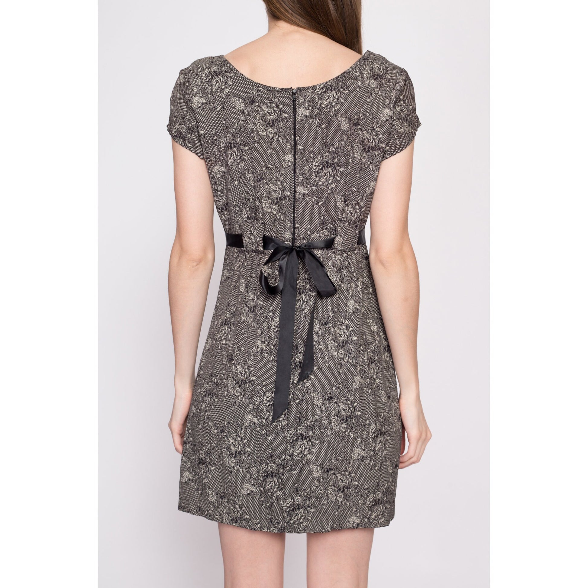 80s Black Floral Satin Tie Mini Dress - Small | Vintage Short Sleeve Empire Waist Sundress