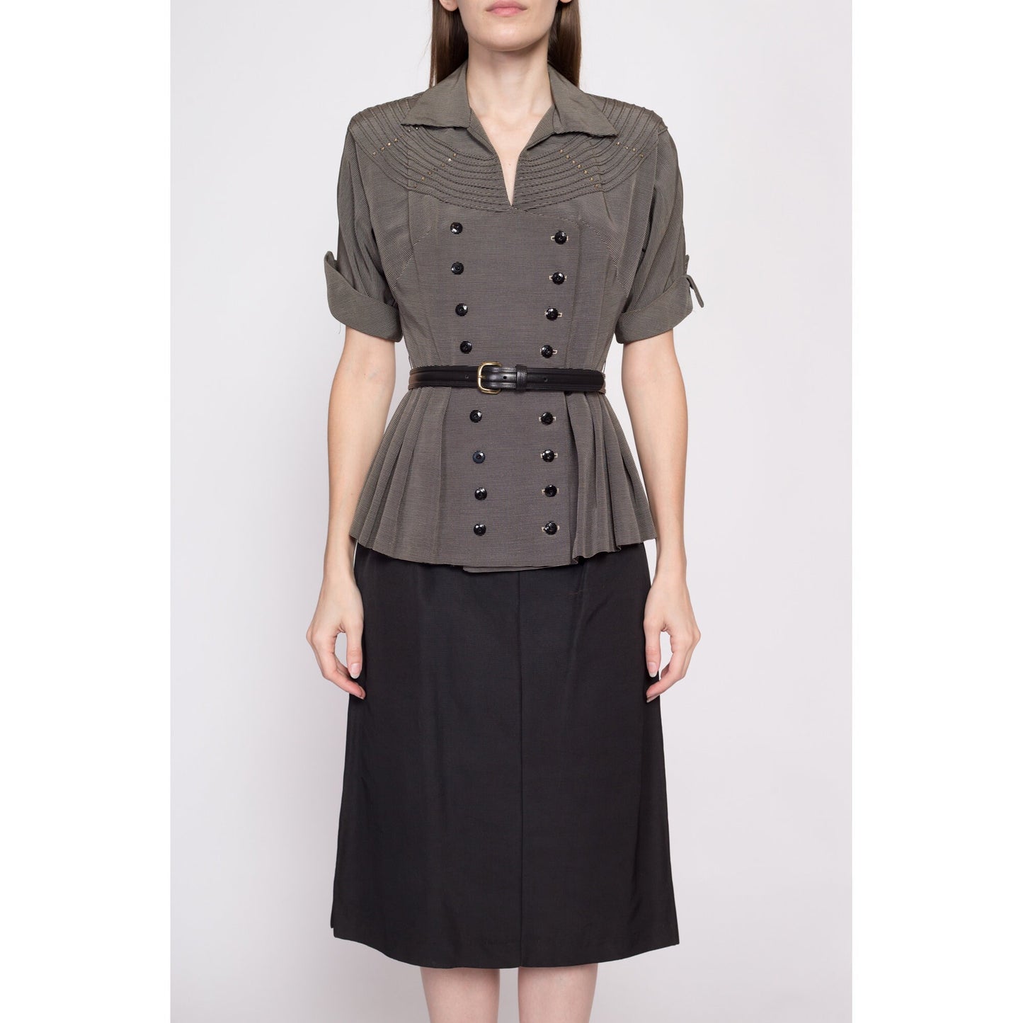 1940s Black & White Striped Peplum Secretary Dress - Small | Vintage 40s Cuffed Short Sleeve Midi Dress