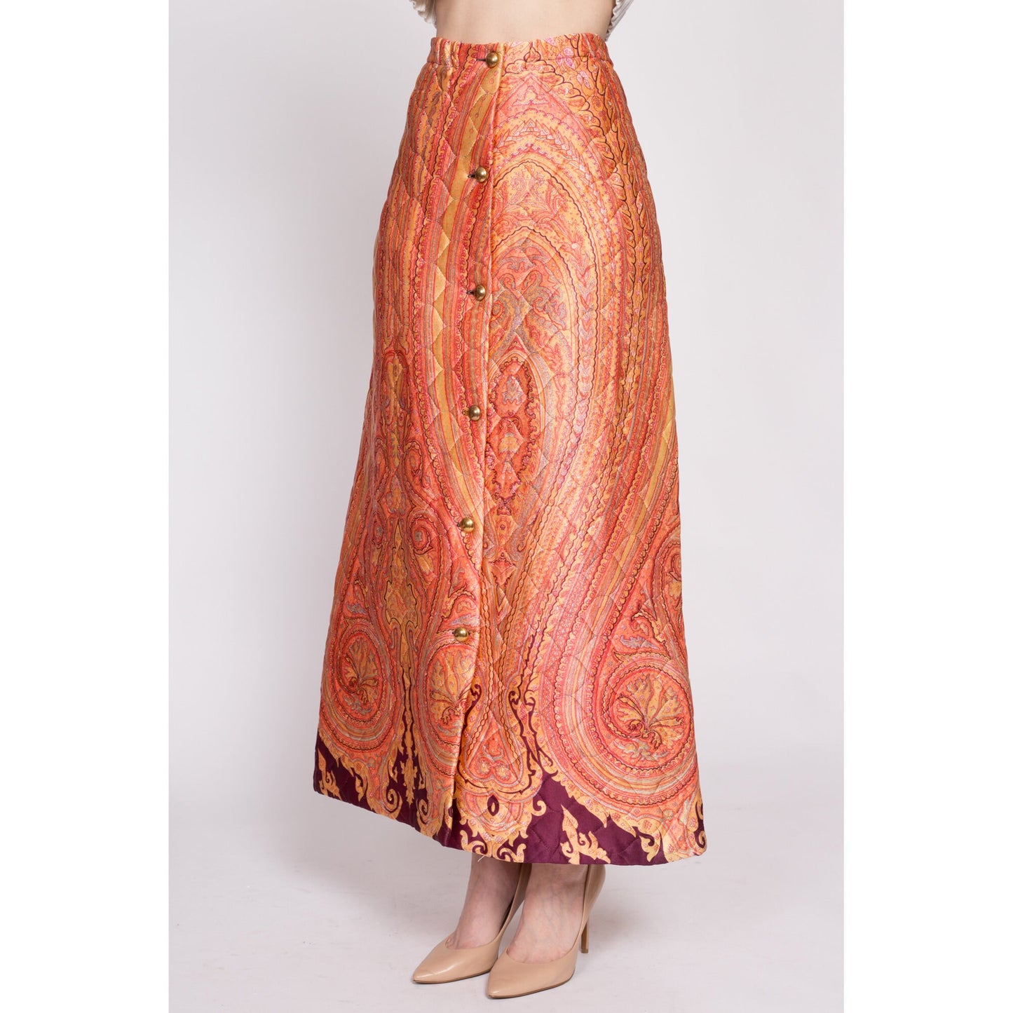 70s Psychedelic Quilted Paisley Satin Maxi Skirt - Medium to Large | Vintage Boho High Waisted A Line Button Up Skirt