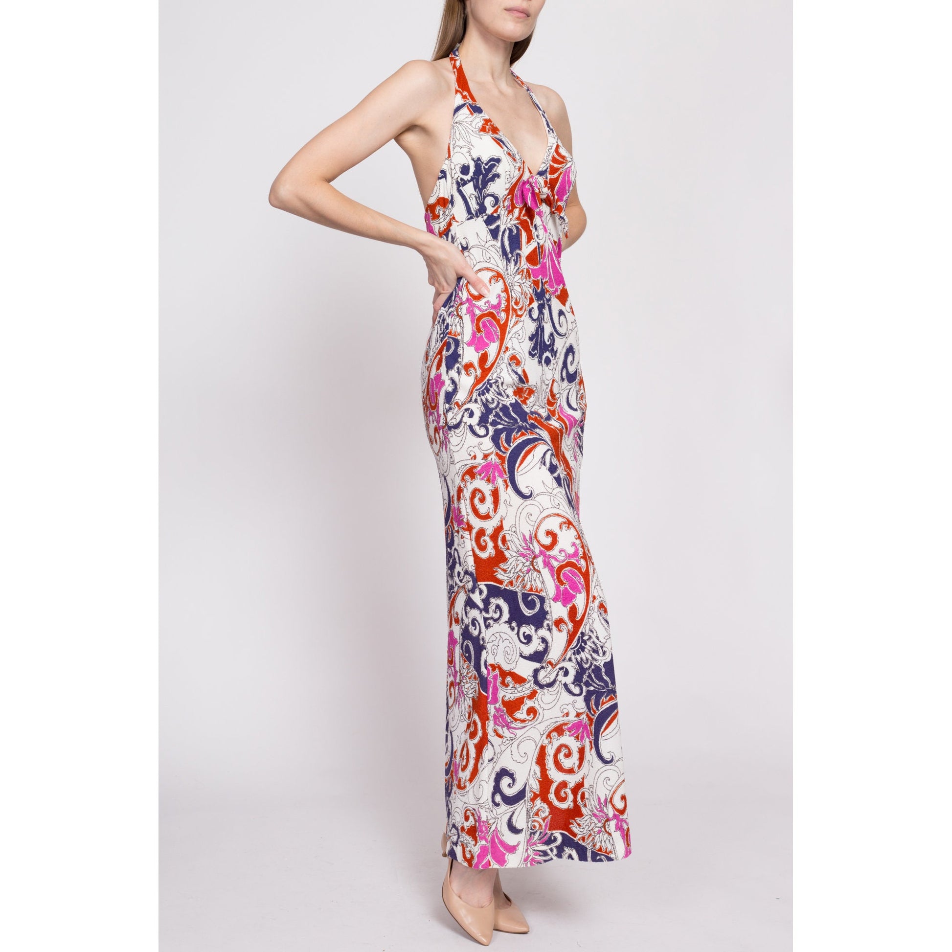 70s Psychedelic Trumpet Flower Print Halter Maxi Dress - XS to Small | Vintage Boho Floral Backless Towel Sundress
