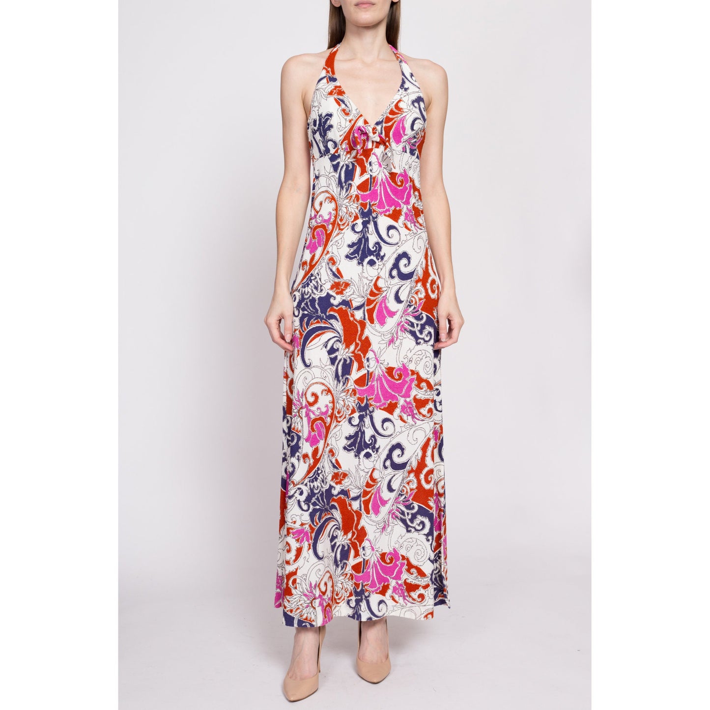 70s Psychedelic Trumpet Flower Print Halter Maxi Dress - XS to Small | Vintage Boho Floral Backless Towel Sundress