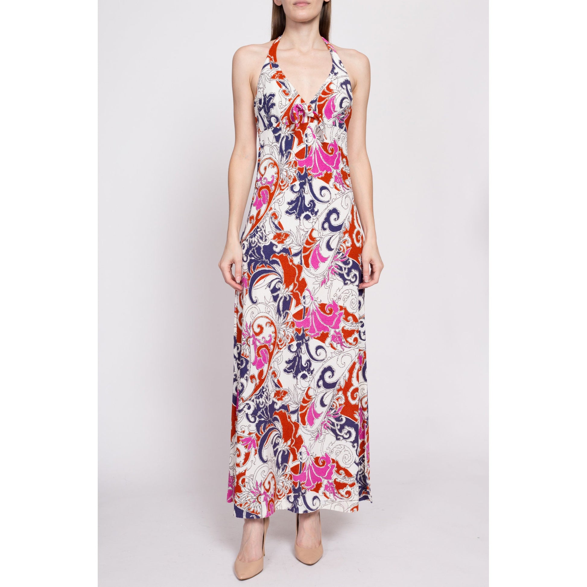 70s Psychedelic Trumpet Flower Print Halter Maxi Dress - XS to Small | Vintage Boho Floral Backless Towel Sundress