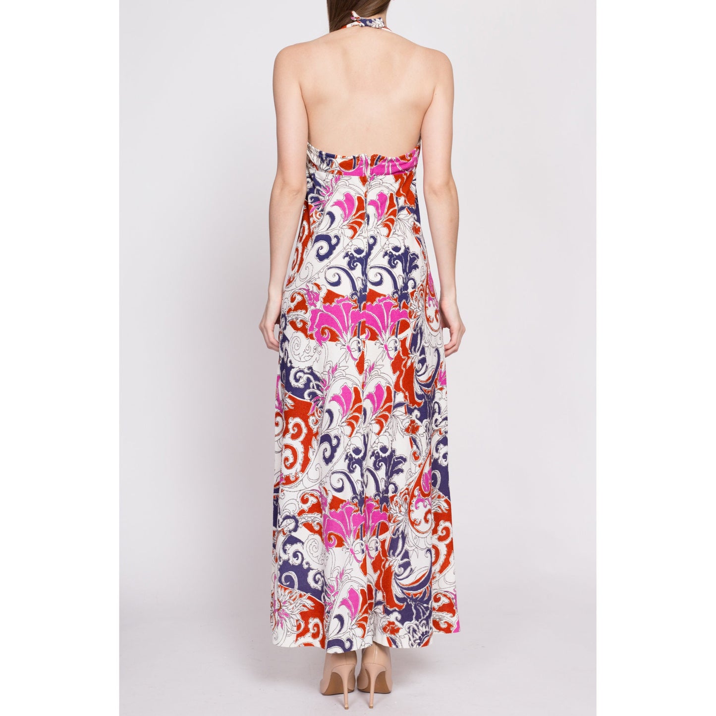70s Psychedelic Trumpet Flower Print Halter Maxi Dress - XS to Small | Vintage Boho Floral Backless Towel Sundress