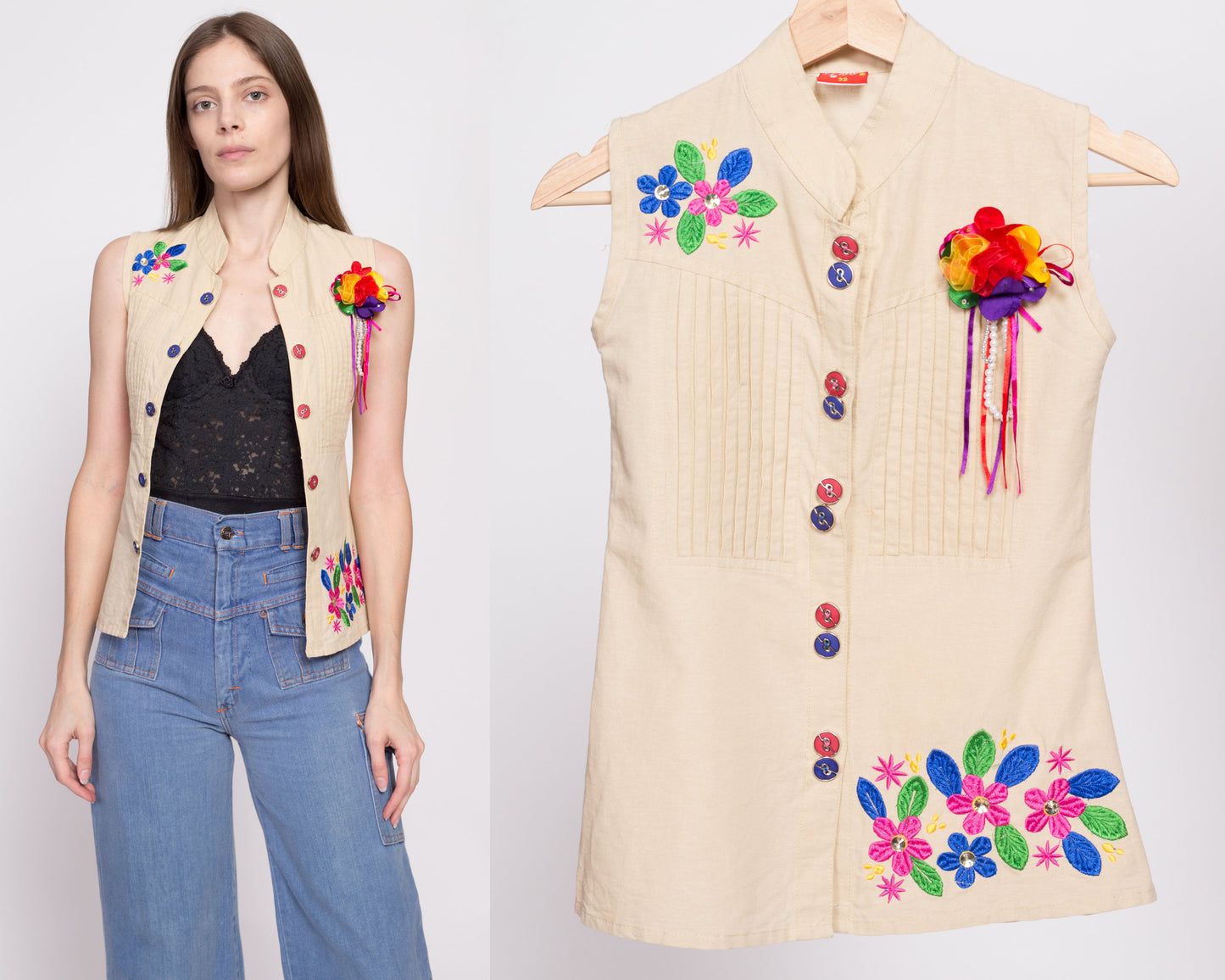 Vintage Linen Novelty Blouse - XXS | Y2K Sleeveless Colorful Floral Button Up Vest Top