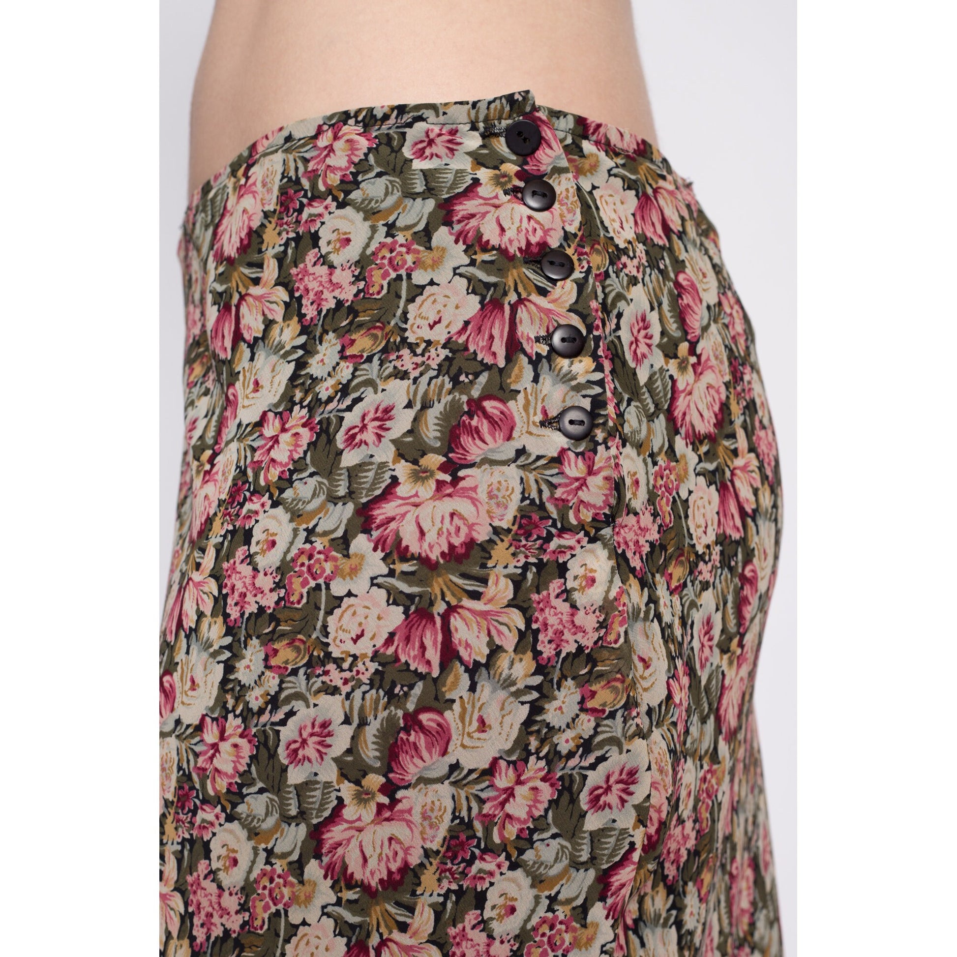 90s Floral Grunge Mid Rise Maxi Skirt - Medium | Vintage Express Side Button Lettuce Hem Flowy Slip Skirt