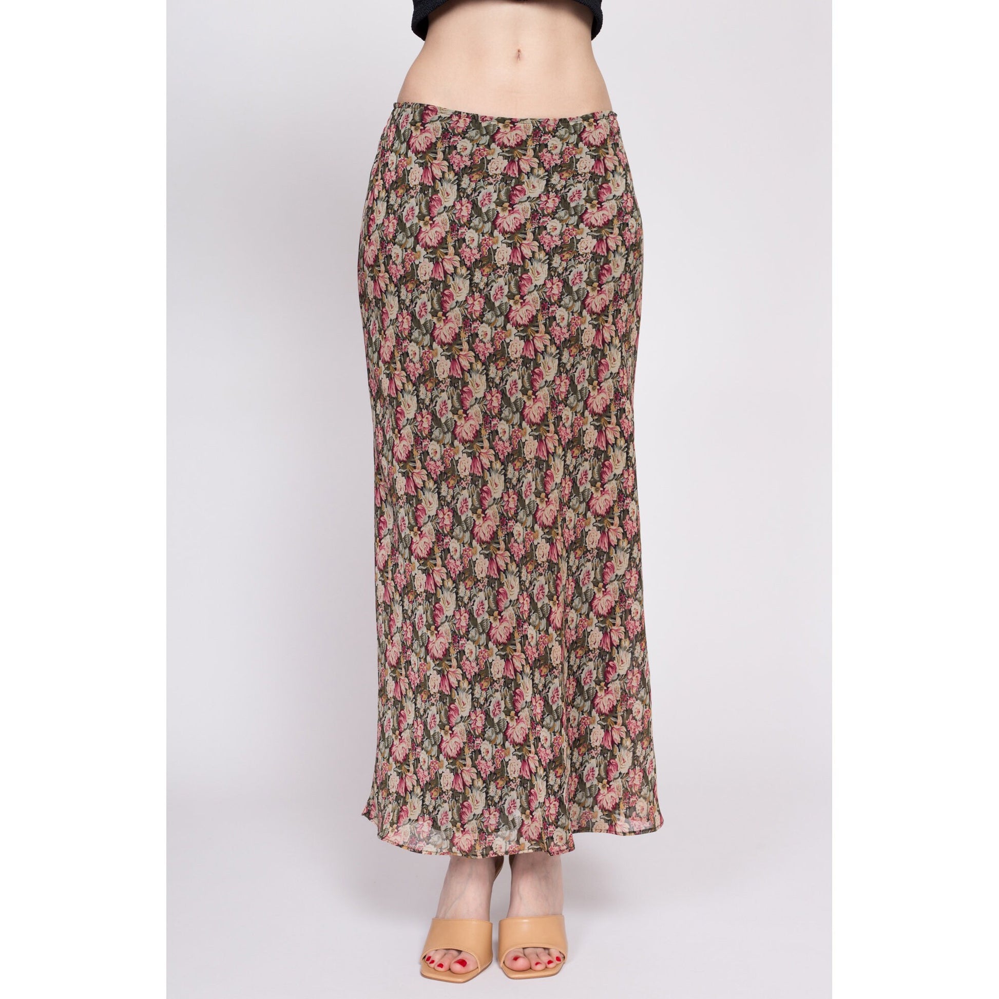 90s Floral Grunge Mid Rise Maxi Skirt - Medium | Vintage Express Side Button Lettuce Hem Flowy Slip Skirt