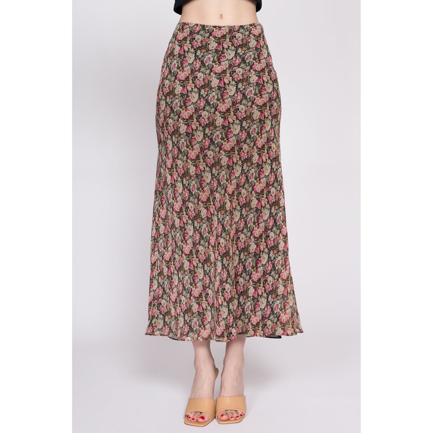 90s Floral Grunge Mid Rise Maxi Skirt - Medium | Vintage Express Side Button Lettuce Hem Flowy Slip Skirt