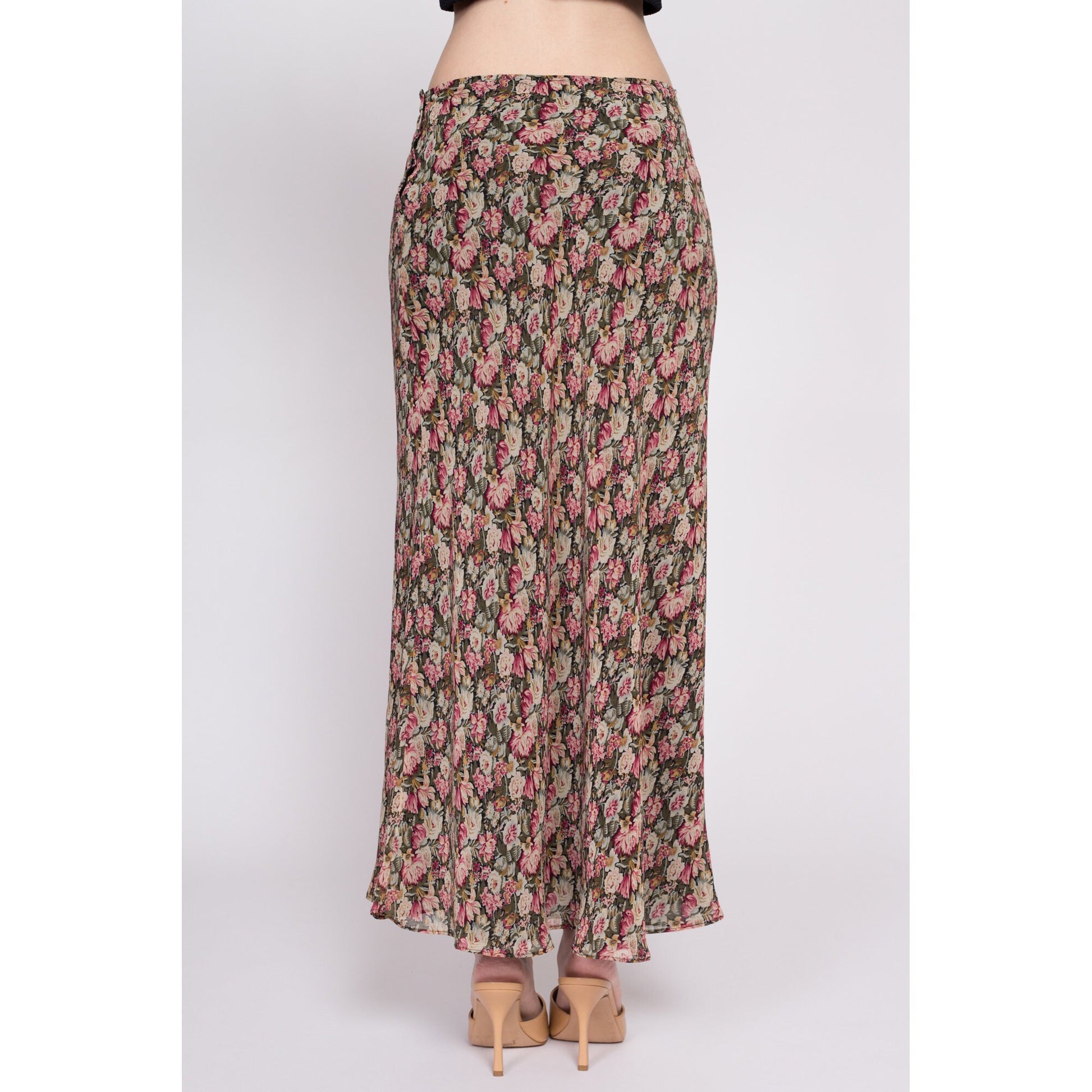 90s Floral Grunge Mid Rise Maxi Skirt - Medium | Vintage Express Side Button Lettuce Hem Flowy Slip Skirt