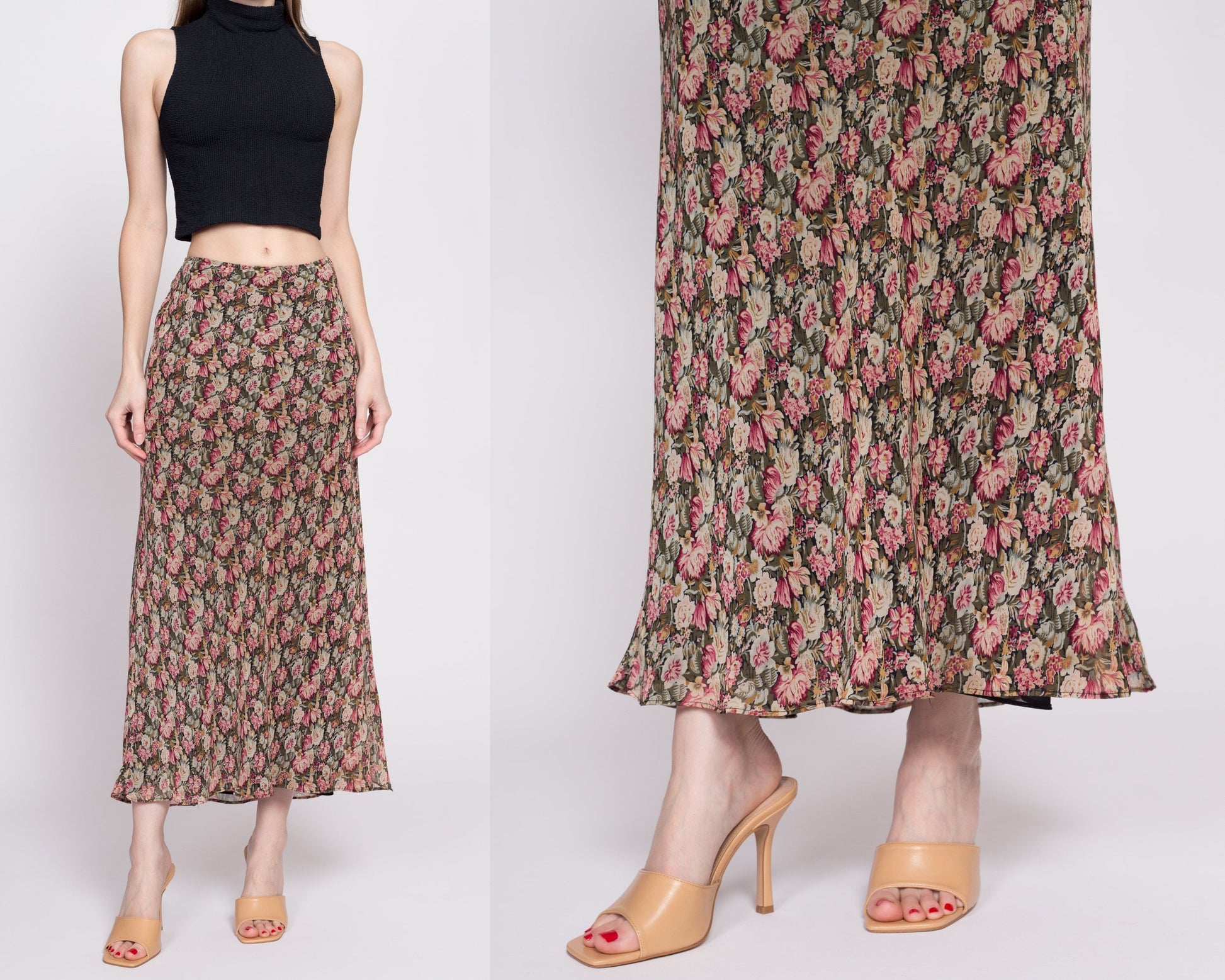90s Floral Grunge Mid Rise Maxi Skirt - Medium | Vintage Express Side Button Lettuce Hem Flowy Slip Skirt