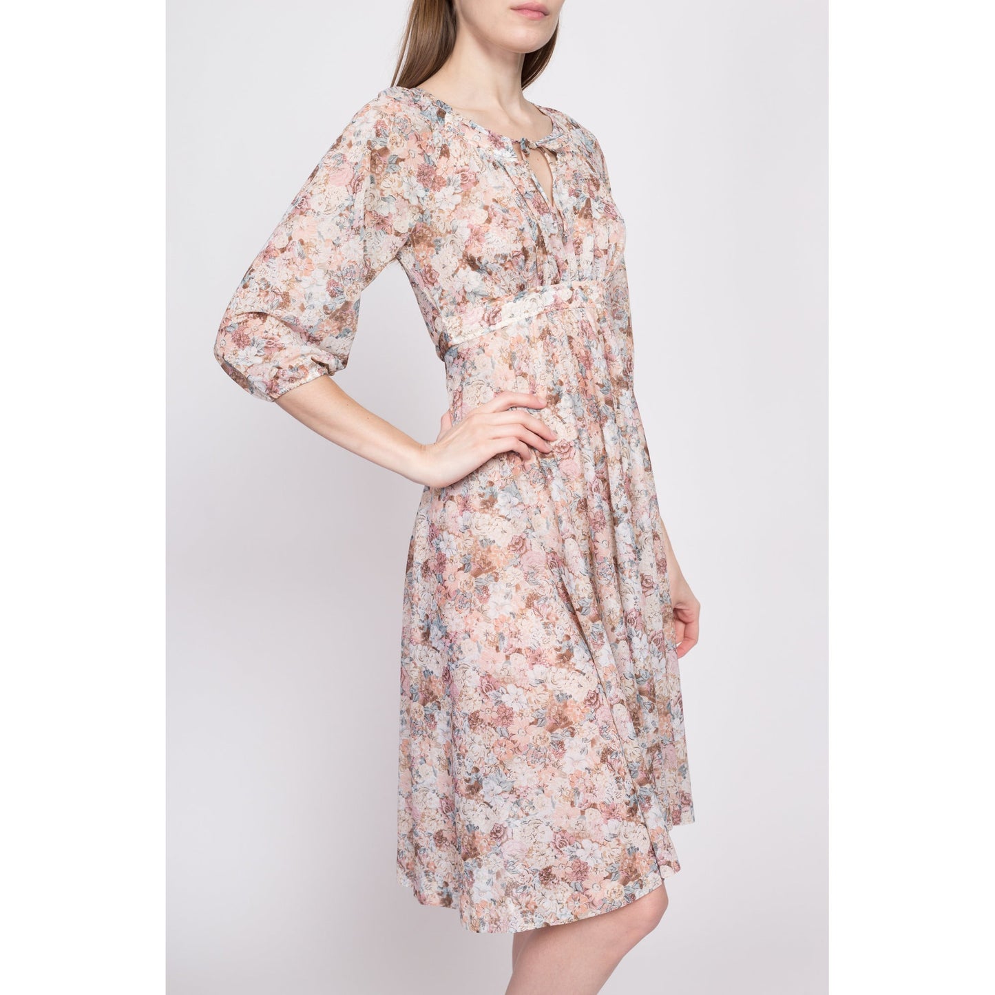 70s Sheer Floral Babydoll Dress - Extra Small | Vintage 3/4 Sleeve Empire Waist Tie Back Knee Length Dress