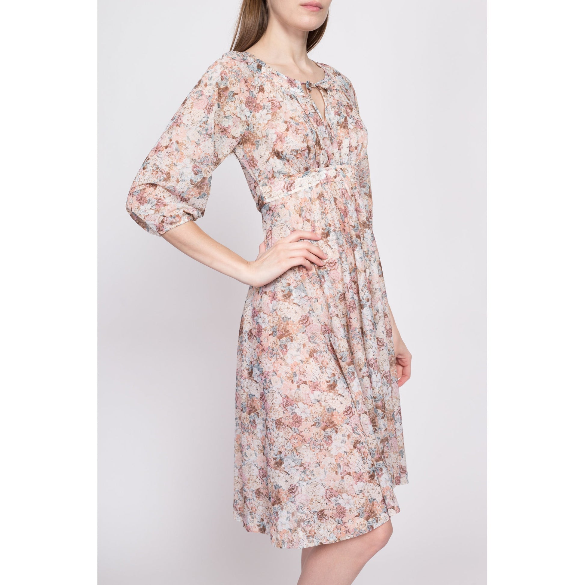 70s Sheer Floral Babydoll Dress - Extra Small | Vintage 3/4 Sleeve Empire Waist Tie Back Knee Length Dress