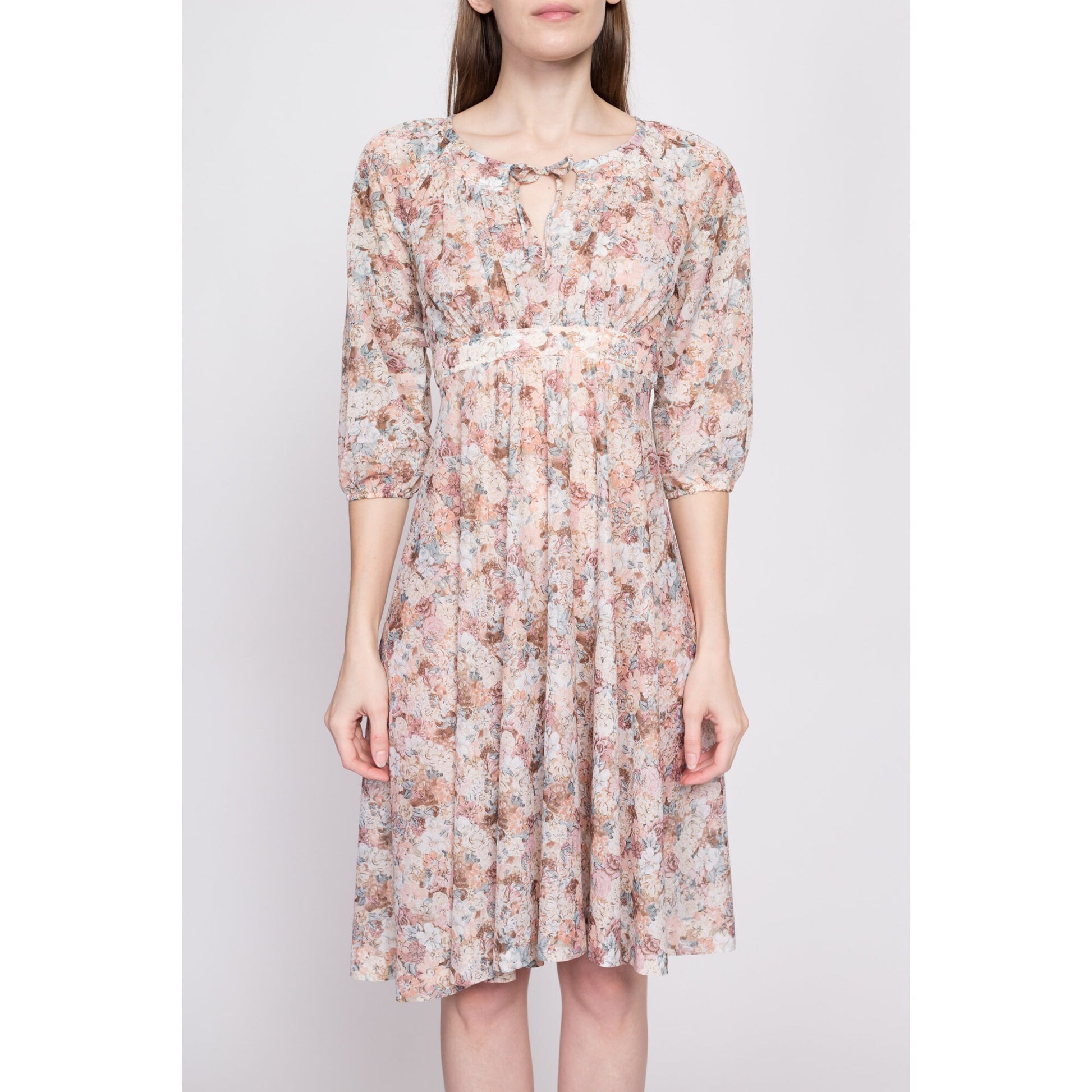 70s Sheer Floral Babydoll Dress - Extra Small | Vintage 3/4 Sleeve Empire Waist Tie Back Knee Length Dress