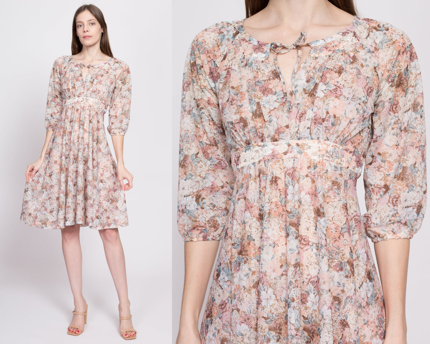 70s Sheer Floral Babydoll Dress - Extra Small | Vintage 3/4 Sleeve Empire Waist Tie Back Knee Length Dress