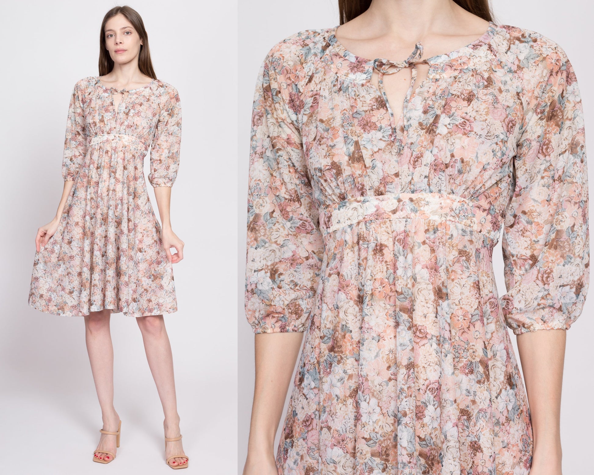 70s Sheer Floral Babydoll Dress - Extra Small | Vintage 3/4 Sleeve Empire Waist Tie Back Knee Length Dress