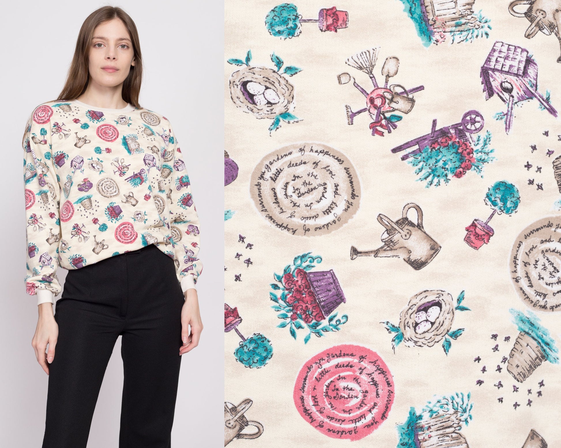 80s 90s Garden All Over Print Sweatshirt - Small | Vintage Crewneck Long Sleeve Floral Graphic Pullover